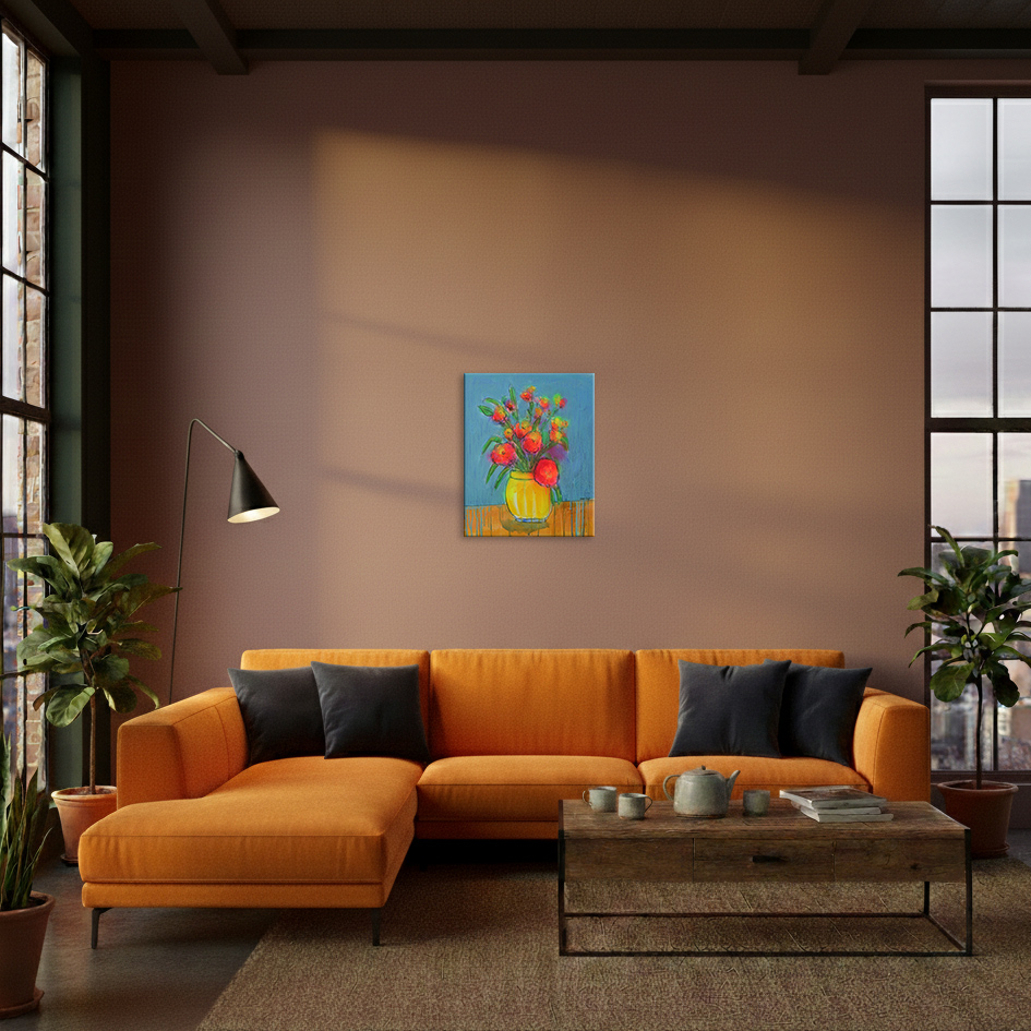 Detail Gemaelde Art Blumen Strauss Bouquet neon rosa pink orange blau Vase gelb Kleckse