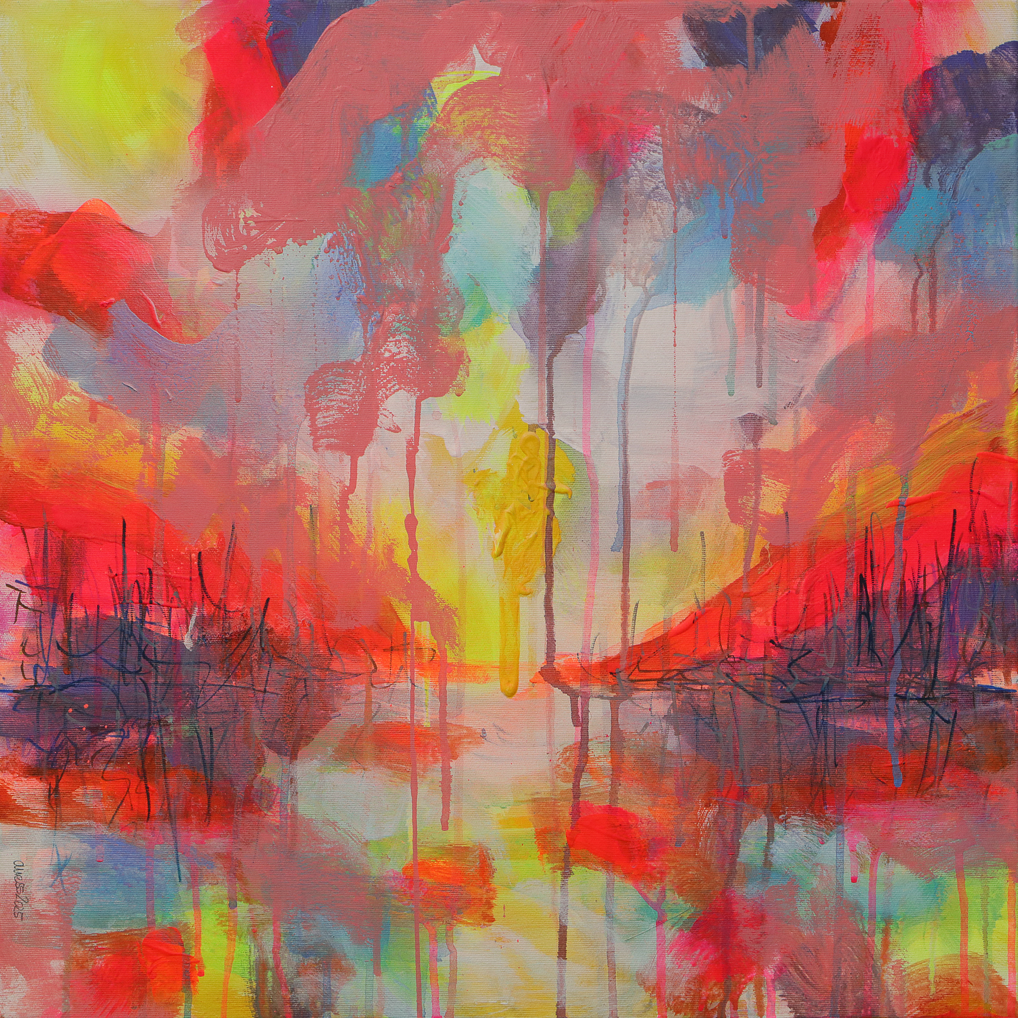 Gemaelde neon gelb rosa orange Landschaft Meer Strand Segel Boot Berge Kleckse