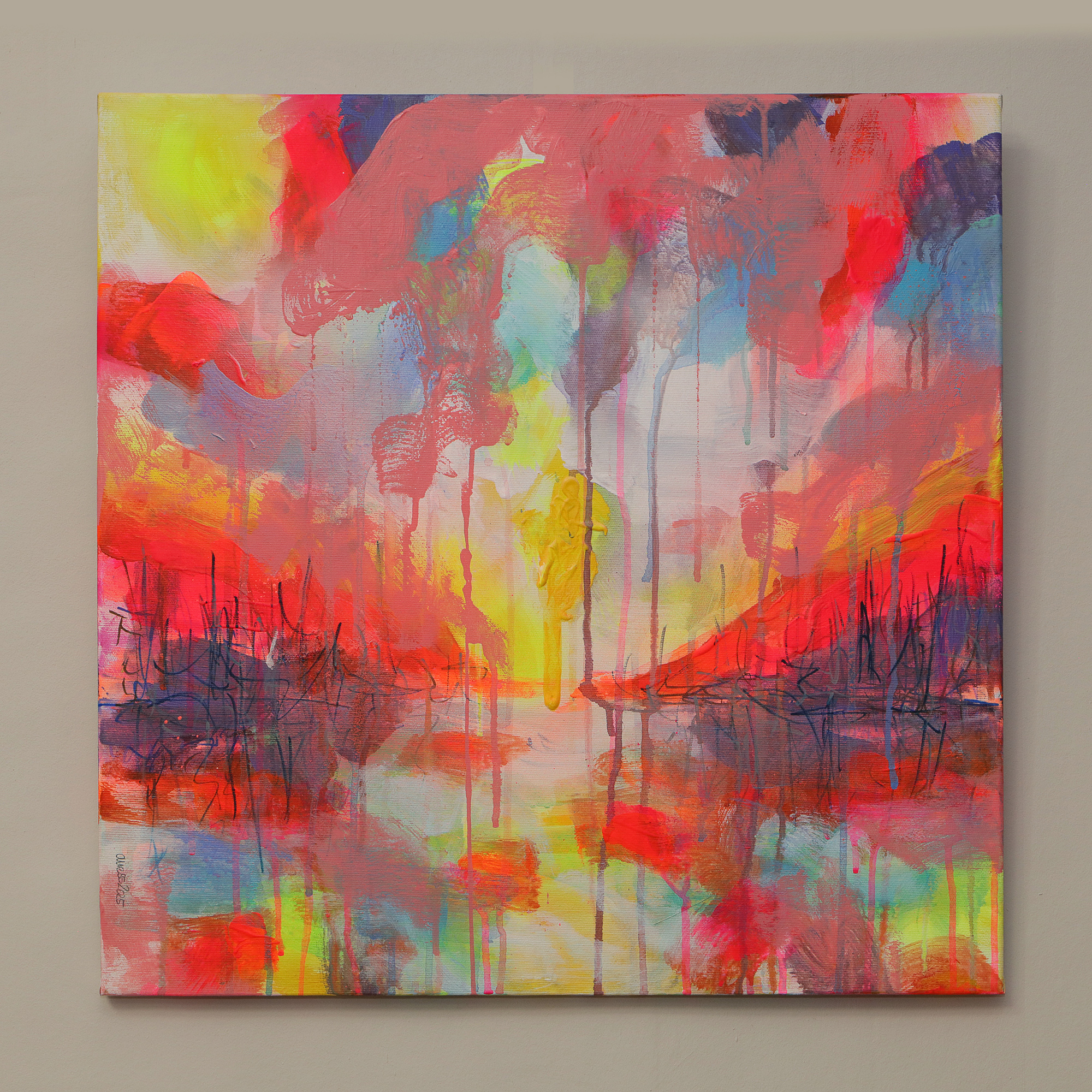 Detail Gemaelde neon gelb rosa orange Landschaft Meer Strand Segel Boot Berge Kleckse