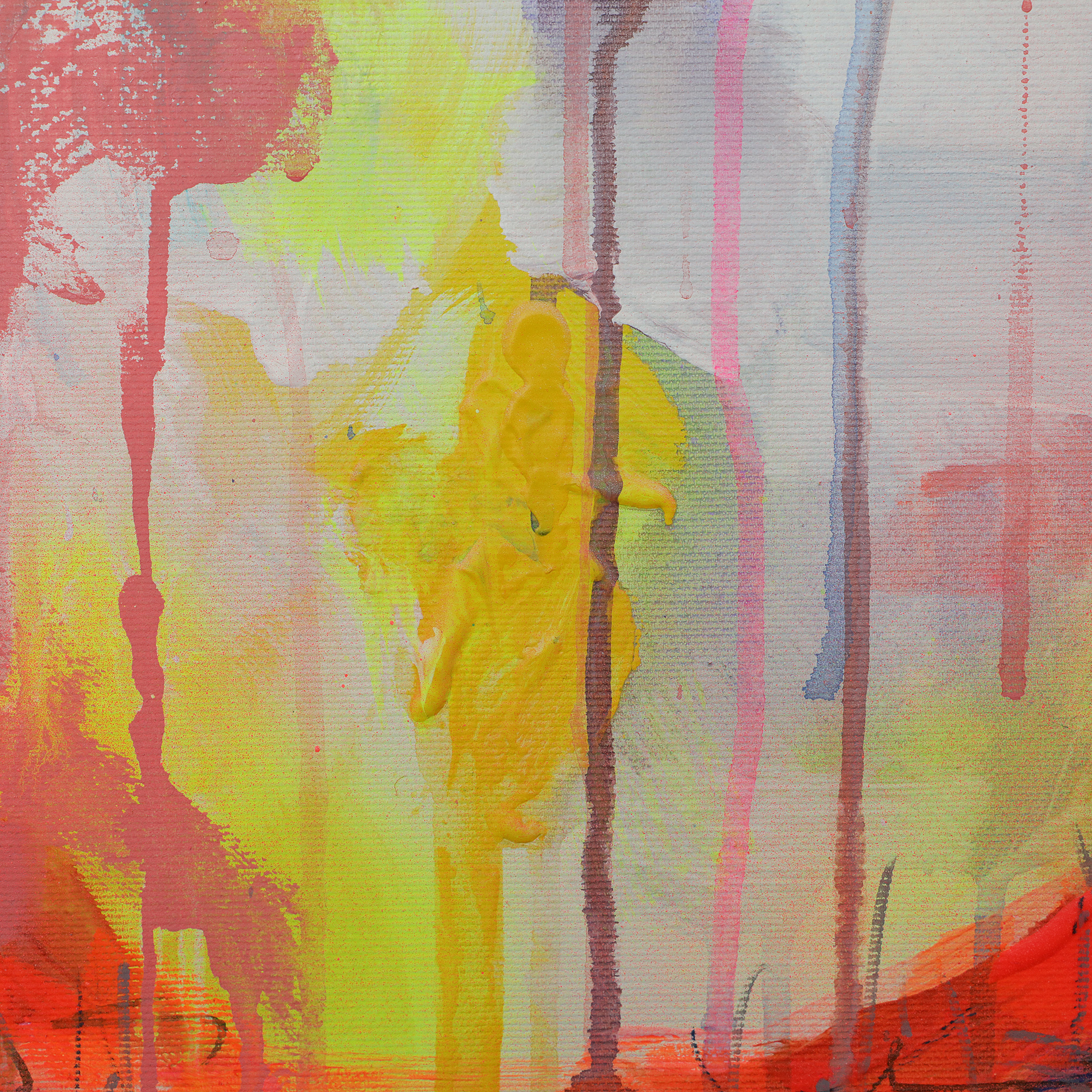 Detail Gemaelde neon gelb rosa orange Landschaft Meer Strand Segel Boot Berge Kleckse