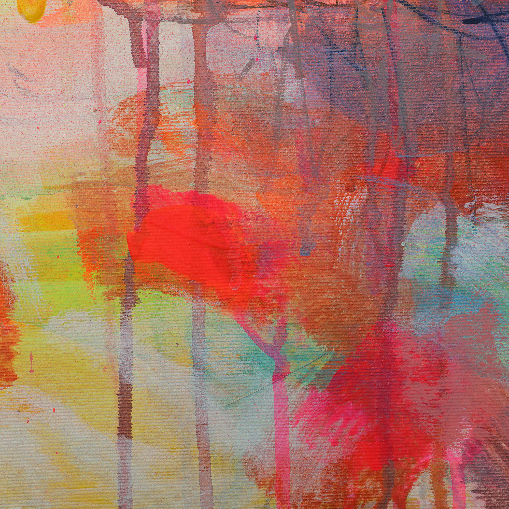 Detail Gemaelde neon gelb rosa orange Landschaft Meer Strand Segel Boot Berge Kleckse