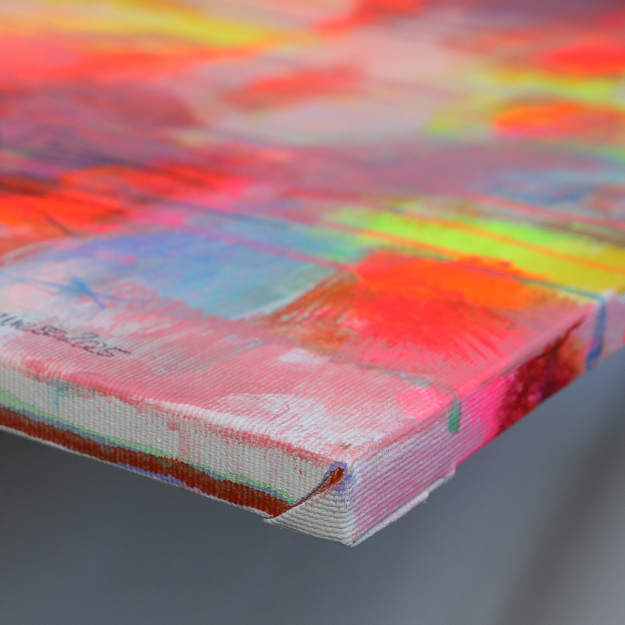 Detail Gemaelde neon gelb rosa orange Landschaft Meer Strand Segel Boot Berge Kleckse