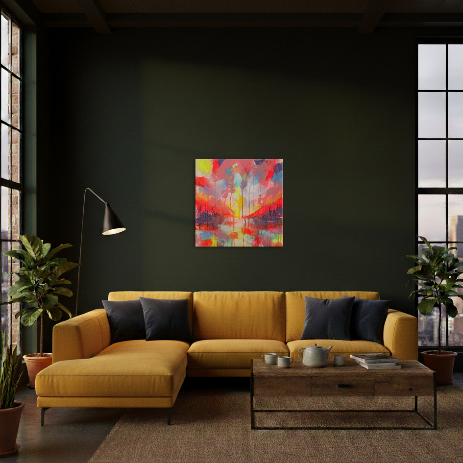 Detail Gemaelde neon gelb rosa orange Landschaft Meer Strand Segel Boot Berge Kleckse