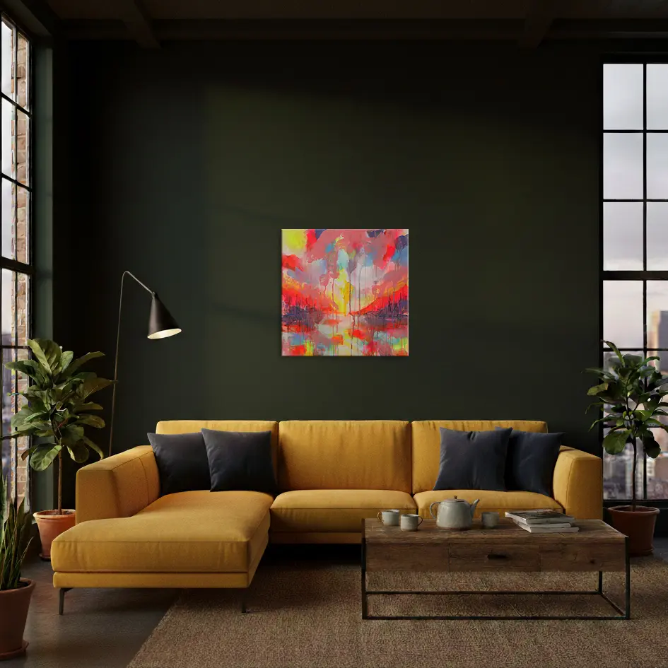 Wandbild für modernes Wohndesign Gemälde neon gelb rosa orange Landschaft Meer Strand Segel Boot Berge Kleckse