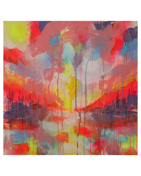 Gemälde neon gelb rosa orange Landschaft Meer Strand Segel Boot Berge Kleckse