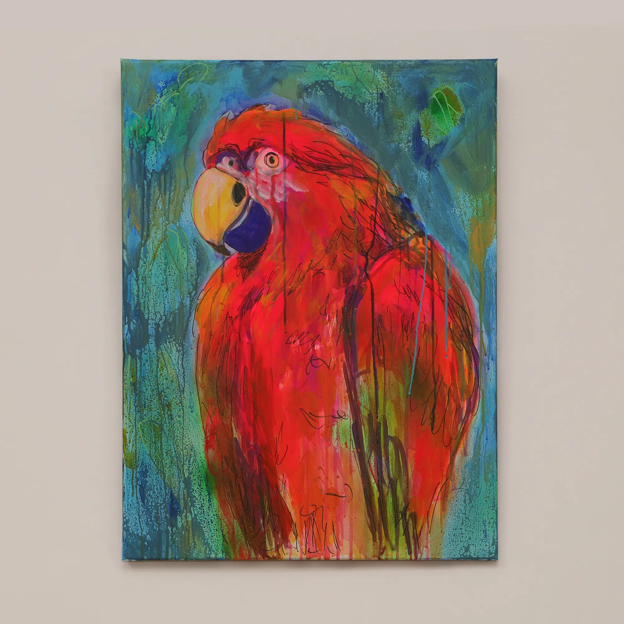 Nahaufnahme XL Wand Gemaelde Bild Vogel Papagei neon rot blau abstrakt Tier Ara Portraet Art