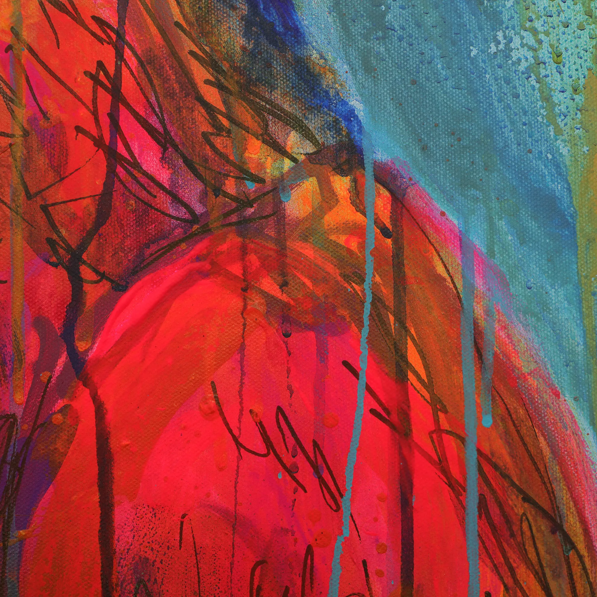 Nahaufnahme XL Wand Gemaelde Bild Vogel Papagei neon rot blau abstrakt Tier Ara Portraet Art