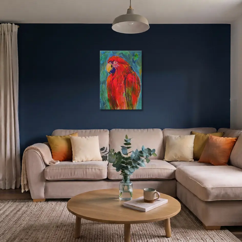 Wandbild für modernes Wohndesign XL Wand Gemaelde Bild Vogel Papagei neon rot blau abstrakt Tier Ara Portraet Art