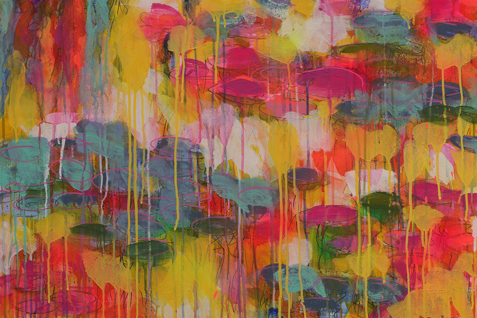 XL Gemaelde Wand Bild Deko Teich See Rosen Wasser Lilien gelb neon pink blau Art