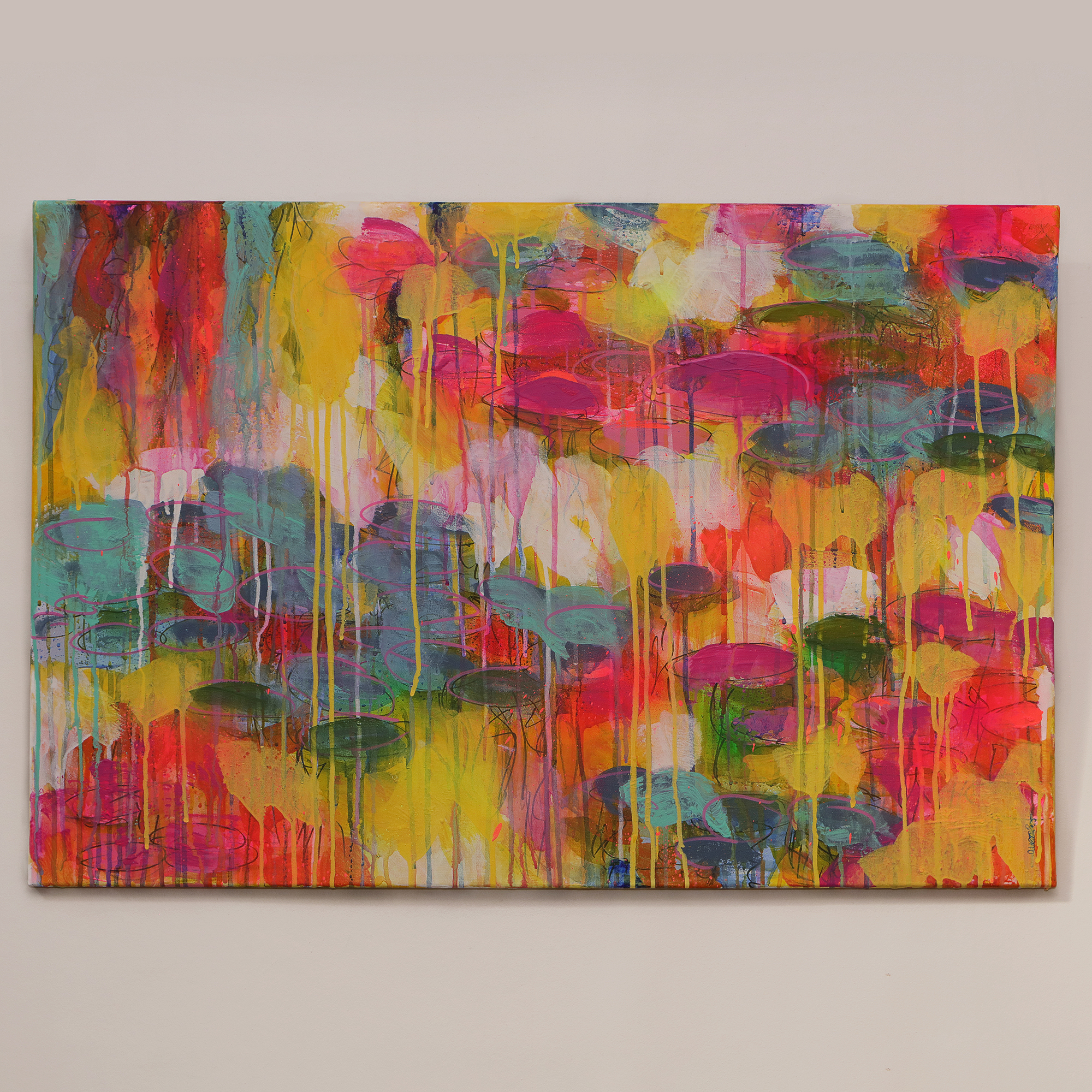 Detail XL Gemaelde Wand Bild Deko Teich See Rosen Wasser Lilien gelb neon pink blau Art