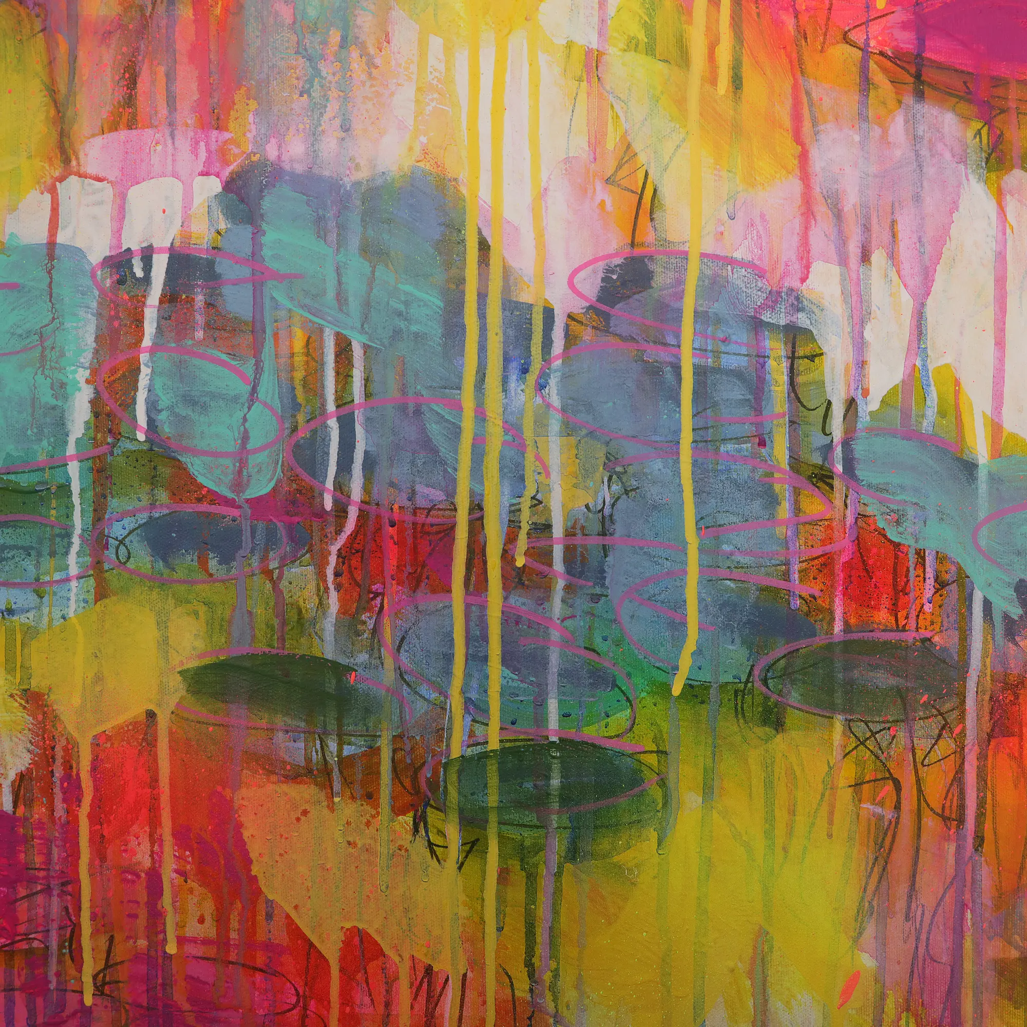 Nahaufnahme XL Gemaelde Wand Bild Deko Teich See Rosen Wasser Lilien gelb neon pink blau Art