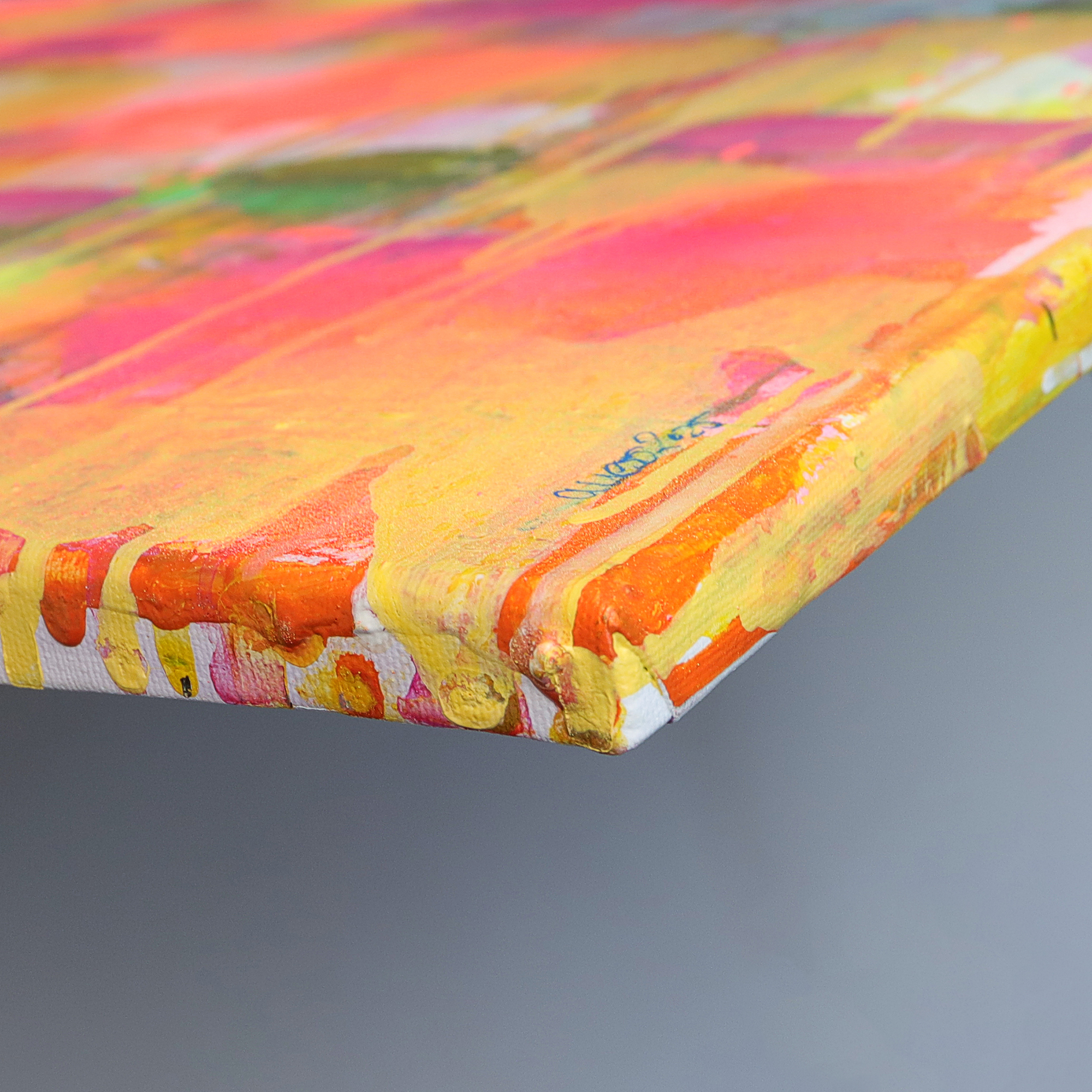 Detail XL Gemaelde Wand Bild Deko Teich See Rosen Wasser Lilien gelb neon pink blau Art