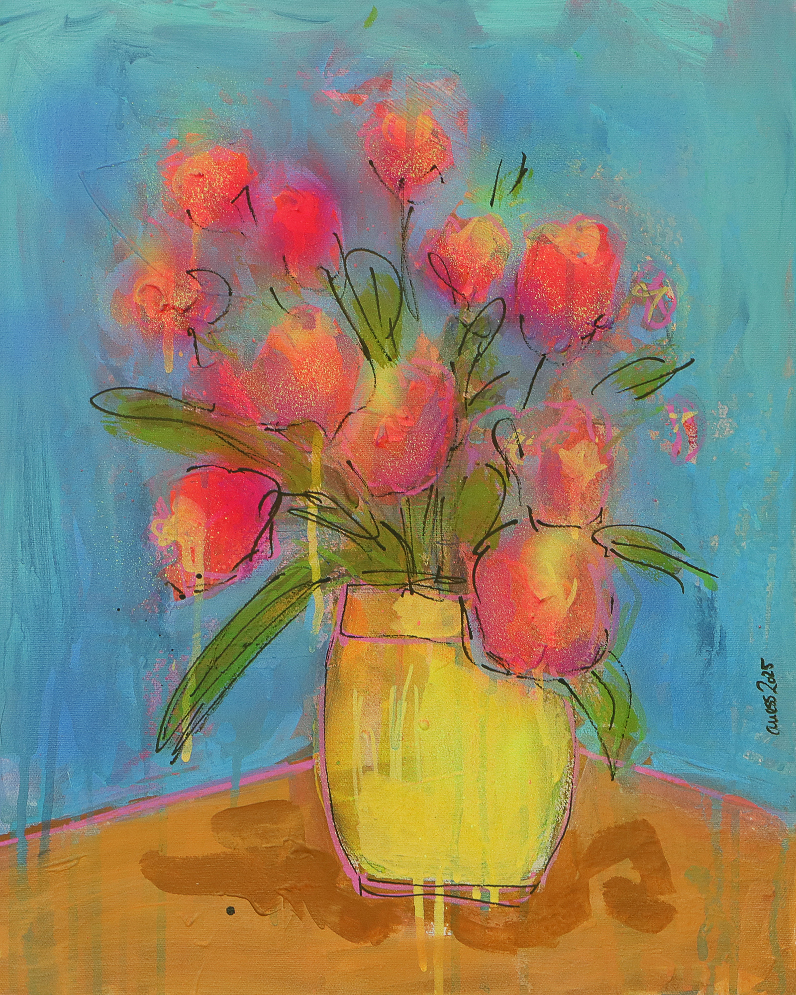 echtes Gemälde Bild XS mini klein neon pink gelb Blumen Strauss Bouquet blau