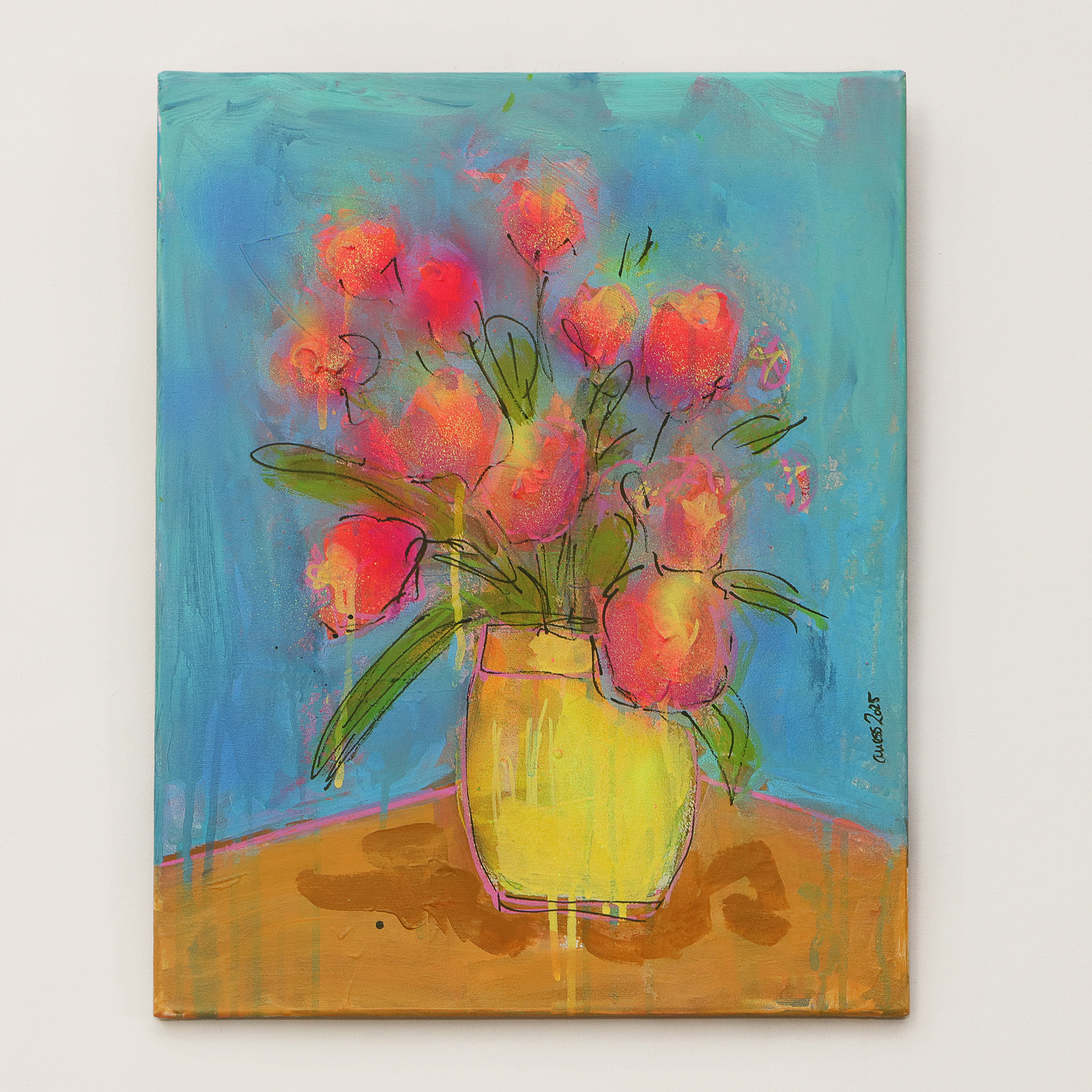 Detail echtes Gemälde Bild XS mini klein neon pink gelb Blumen Strauss Bouquet blau