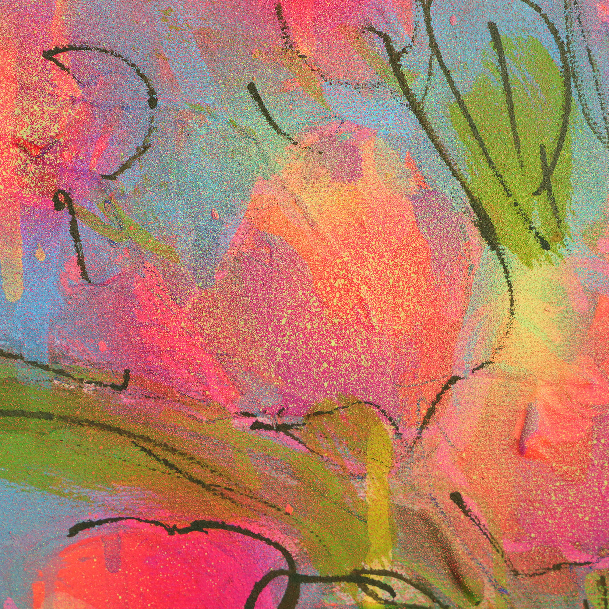 Detail echtes Gemälde Bild XS mini klein neon pink gelb Blumen Strauss Bouquet blau