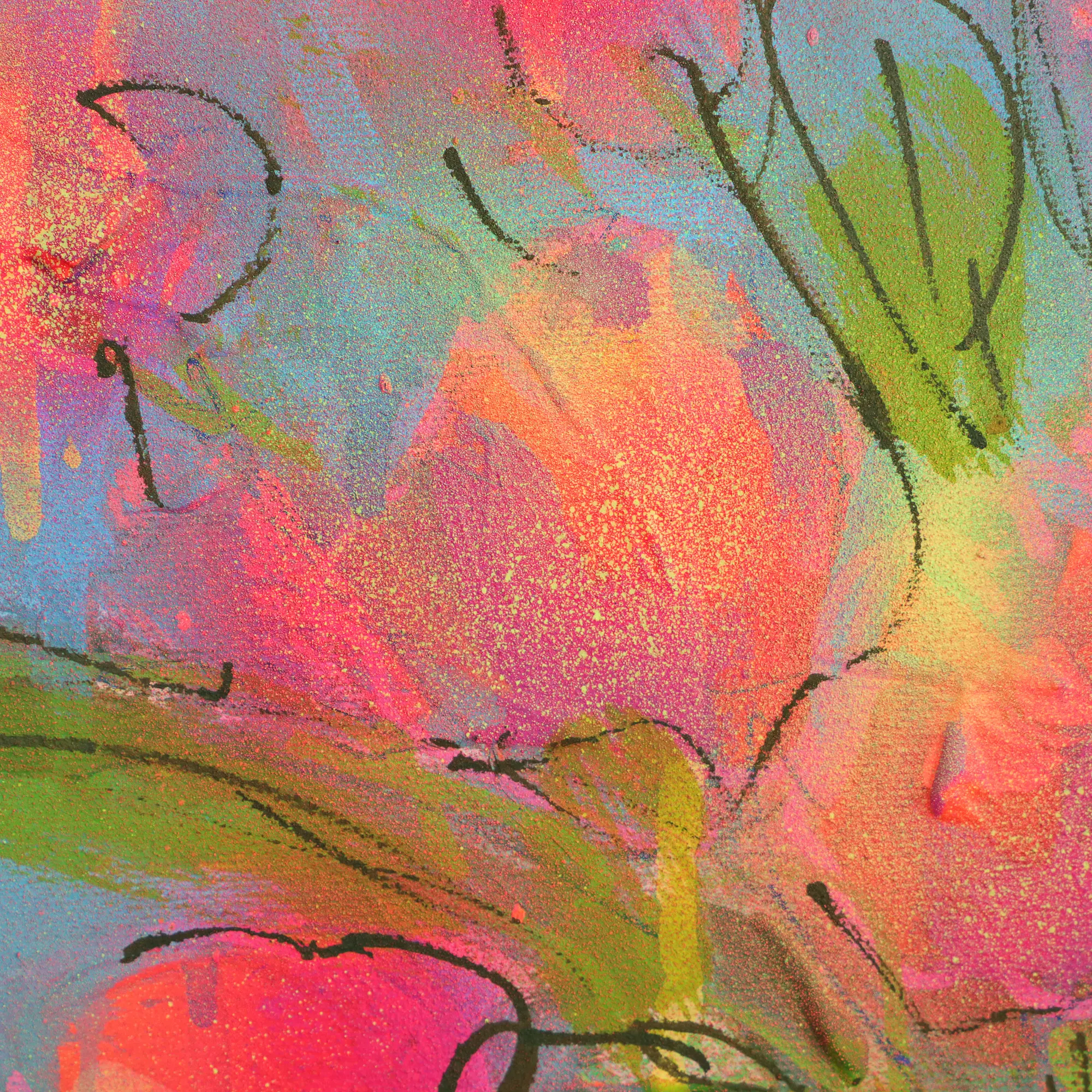 Nahaufnahme echtes Gemälde Bild XS mini klein neon pink gelb Blumen Strauss Bouquet blau