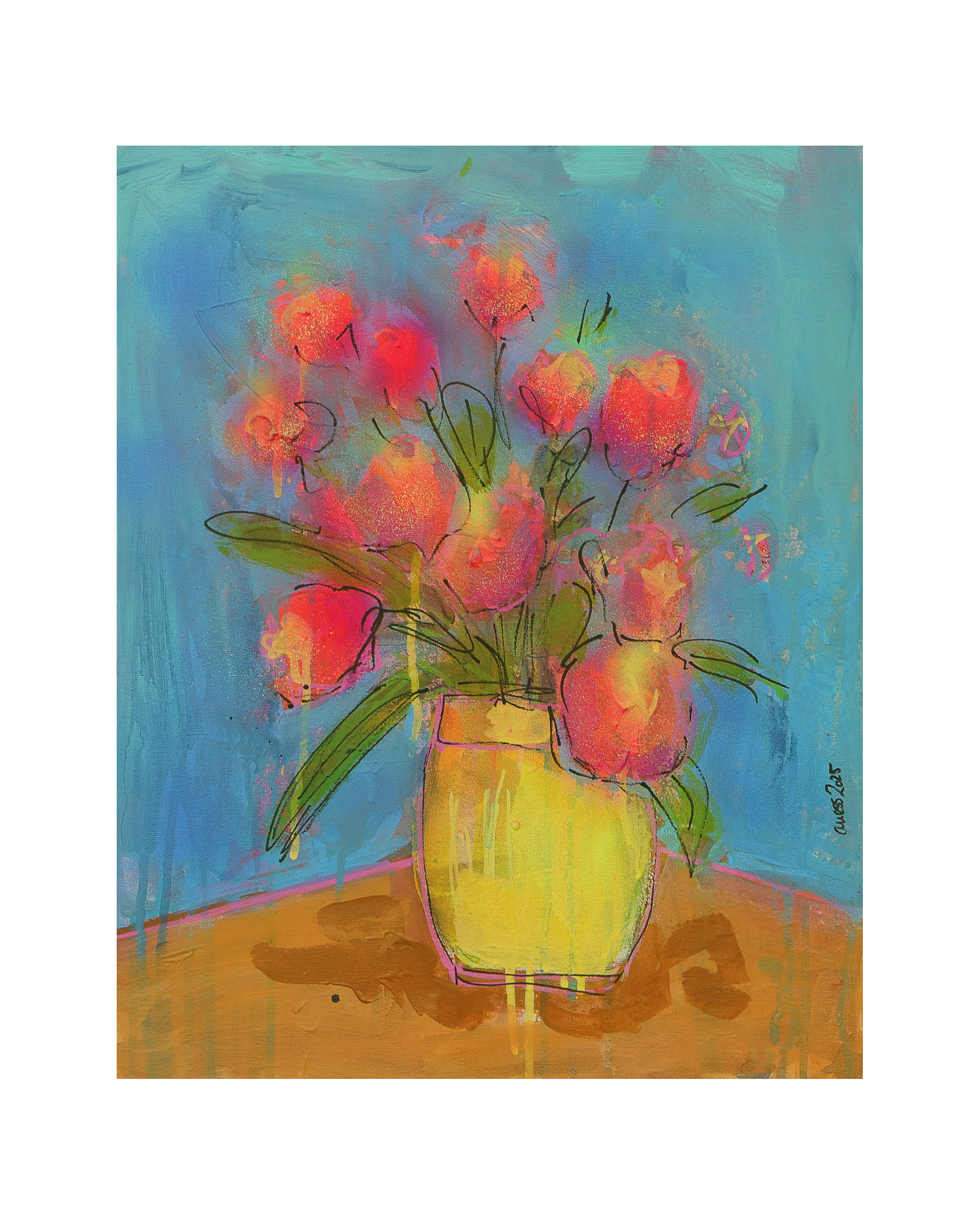 echtes-Gemaelde-Bild-XS-mini-klein-neon-pink-gelb-Blumen-Strauss-Bouquet-blau