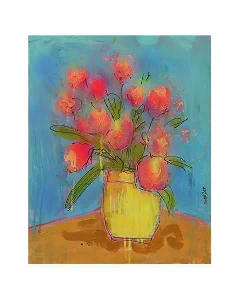 echtes Gemälde Bild XS mini klein neon pink gelb Blumen Strauss Bouquet blau