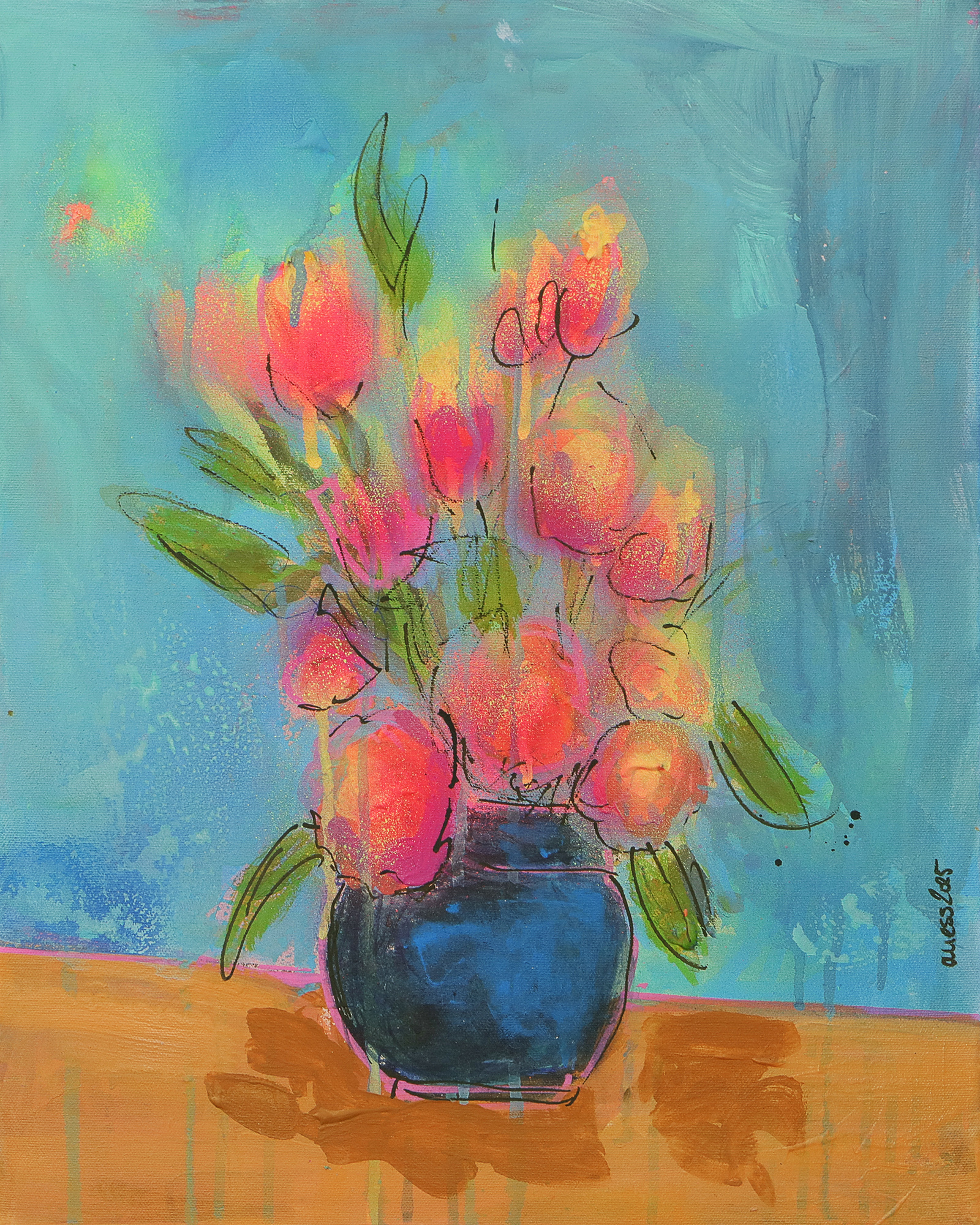 echtes Gemälde Bild XS mini klein neon pink gelb Blumen Strauss Bouquet blau