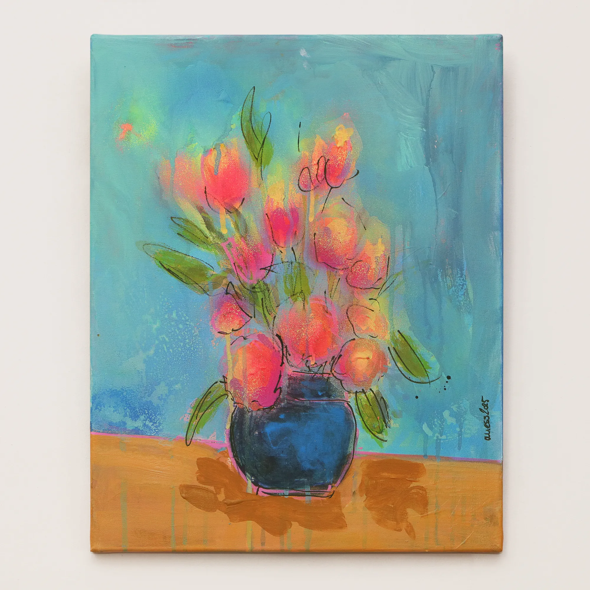 Nahaufnahme echtes Gemälde Bild XS mini klein neon pink gelb Blumen Strauss Bouquet blau