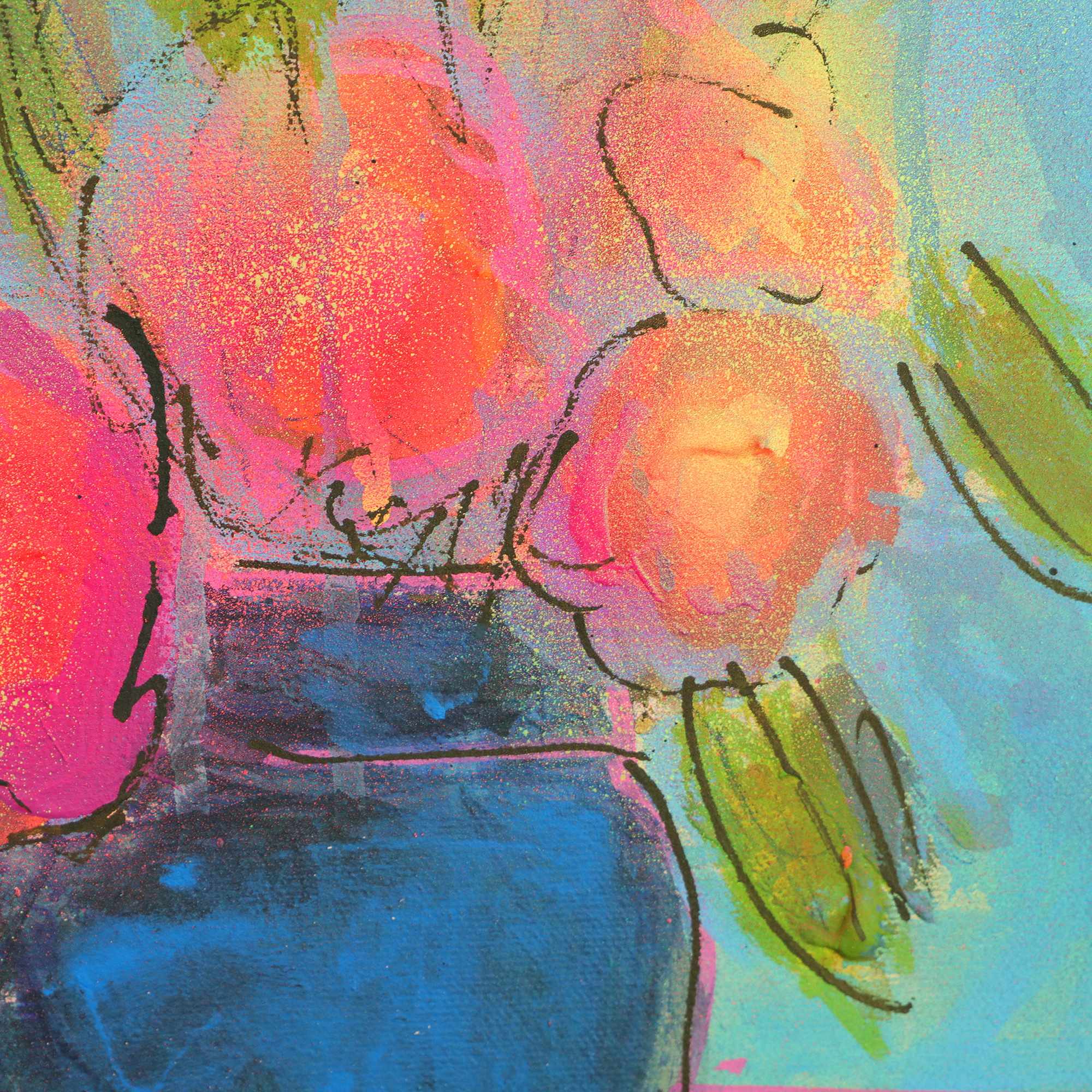 Detail echtes Gemälde Bild XS mini klein neon pink gelb Blumen Strauss Bouquet blau