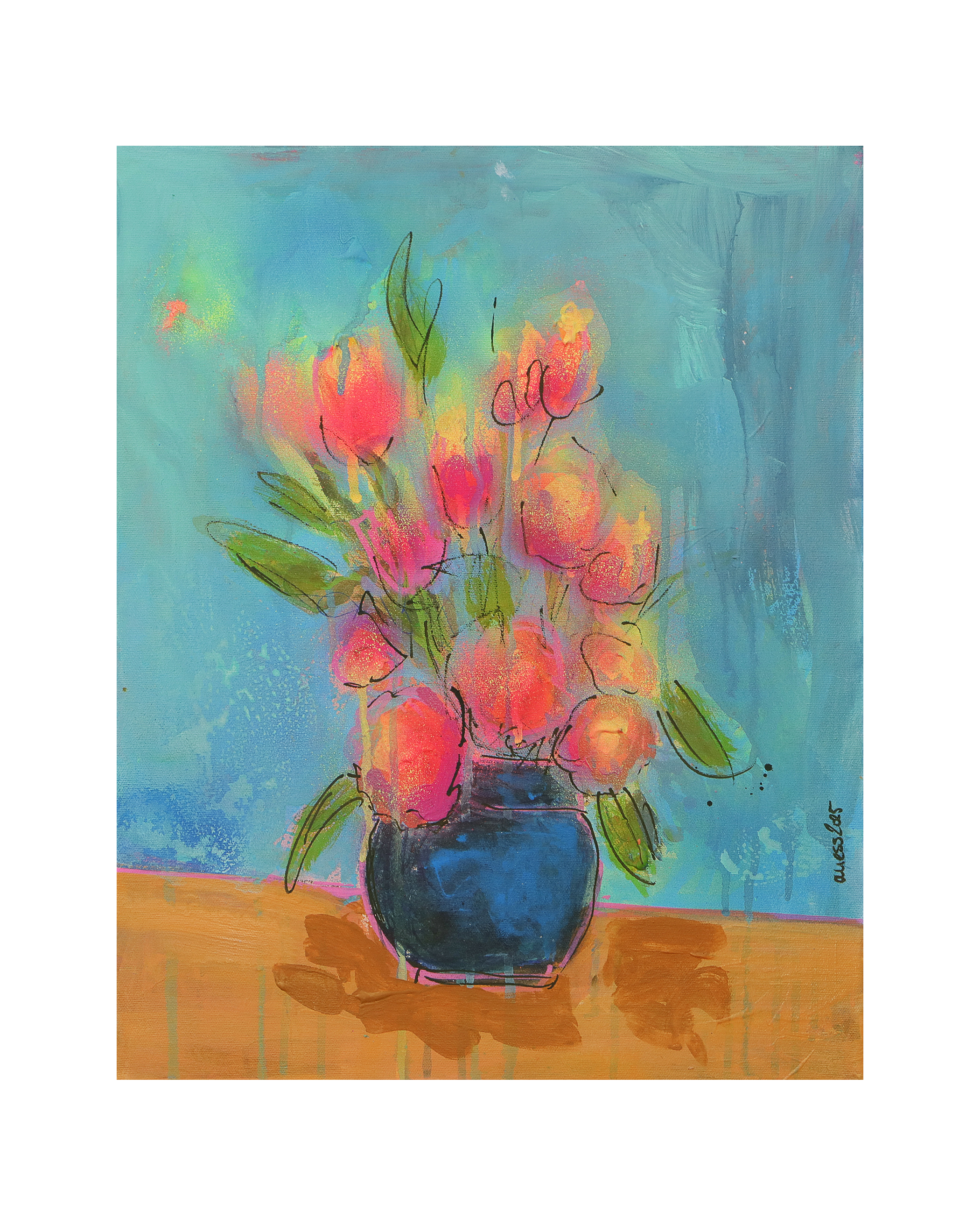 echtes-Gemaelde-Bild-XS-mini-klein-neon-pink-gelb-Blumen-Strauss-Bouquet-blau