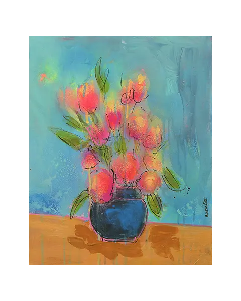 echtes Gemälde Bild XS mini klein neon pink gelb Blumen Strauss Bouquet blau