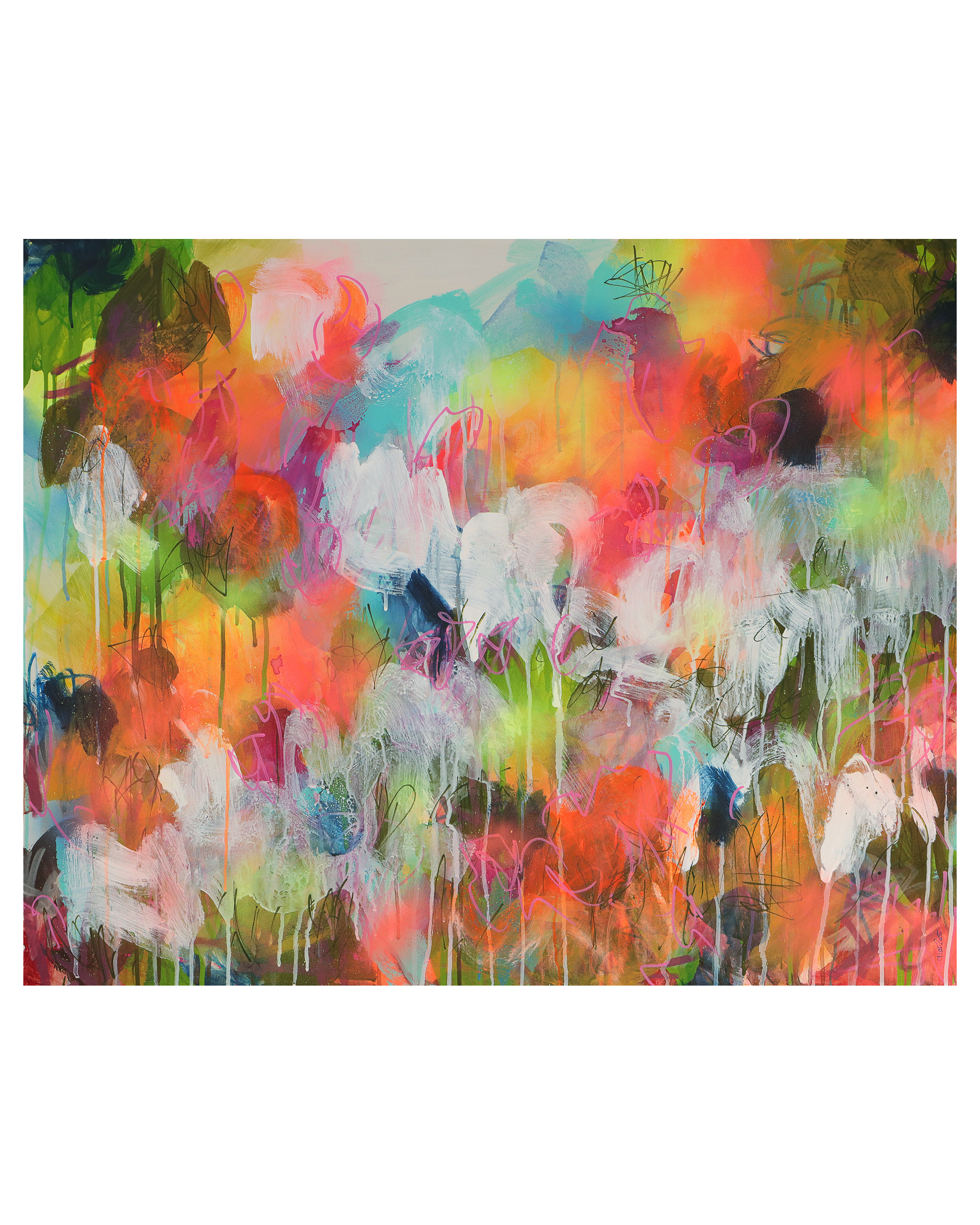 Gemaelde-Bild-XXL-gross-neon-abstrakt-weiss-Blumen-Wiese-Garten-Feld-Landschaft