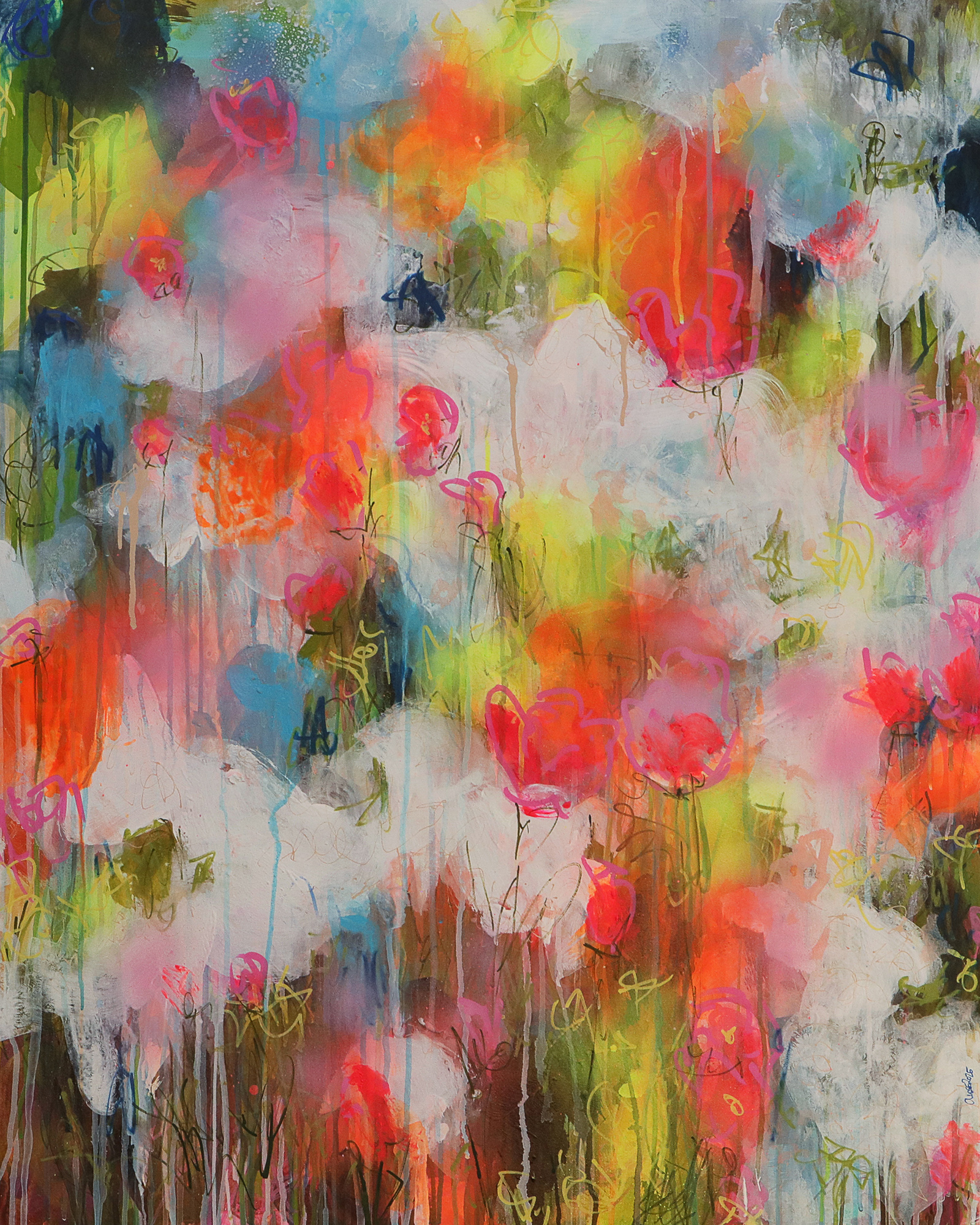 Gemaelde Bild XXL gross neon abstrakt weiss Blumen Wiese Garten Feld Landschaft