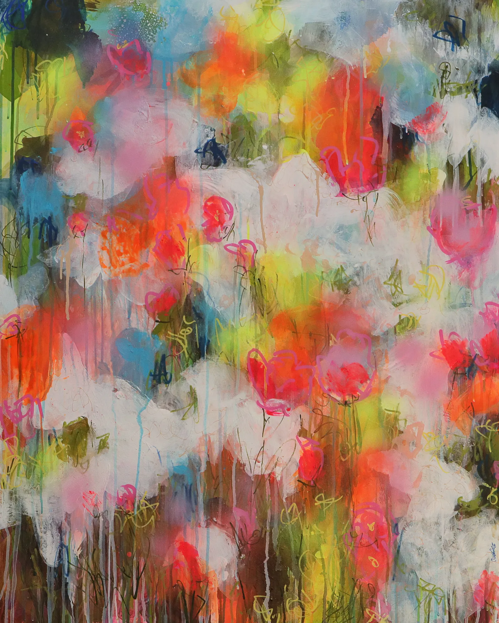 Gemaelde Bild XXL gross neon abstrakt weiss Blumen Wiese Garten Feld Landschaft