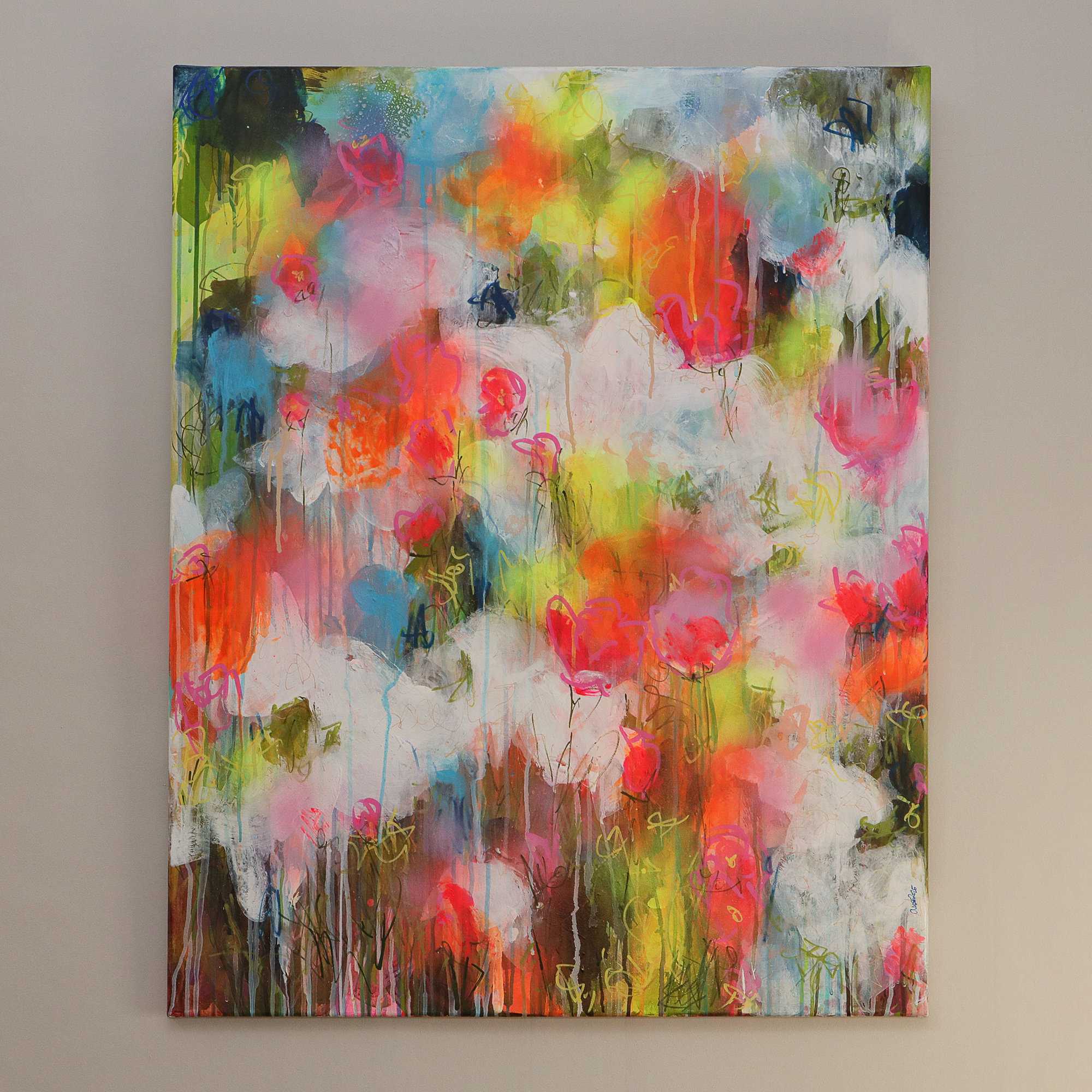 Detail Gemaelde Bild XXL gross neon abstrakt weiss Blumen Wiese Garten Feld Landschaft