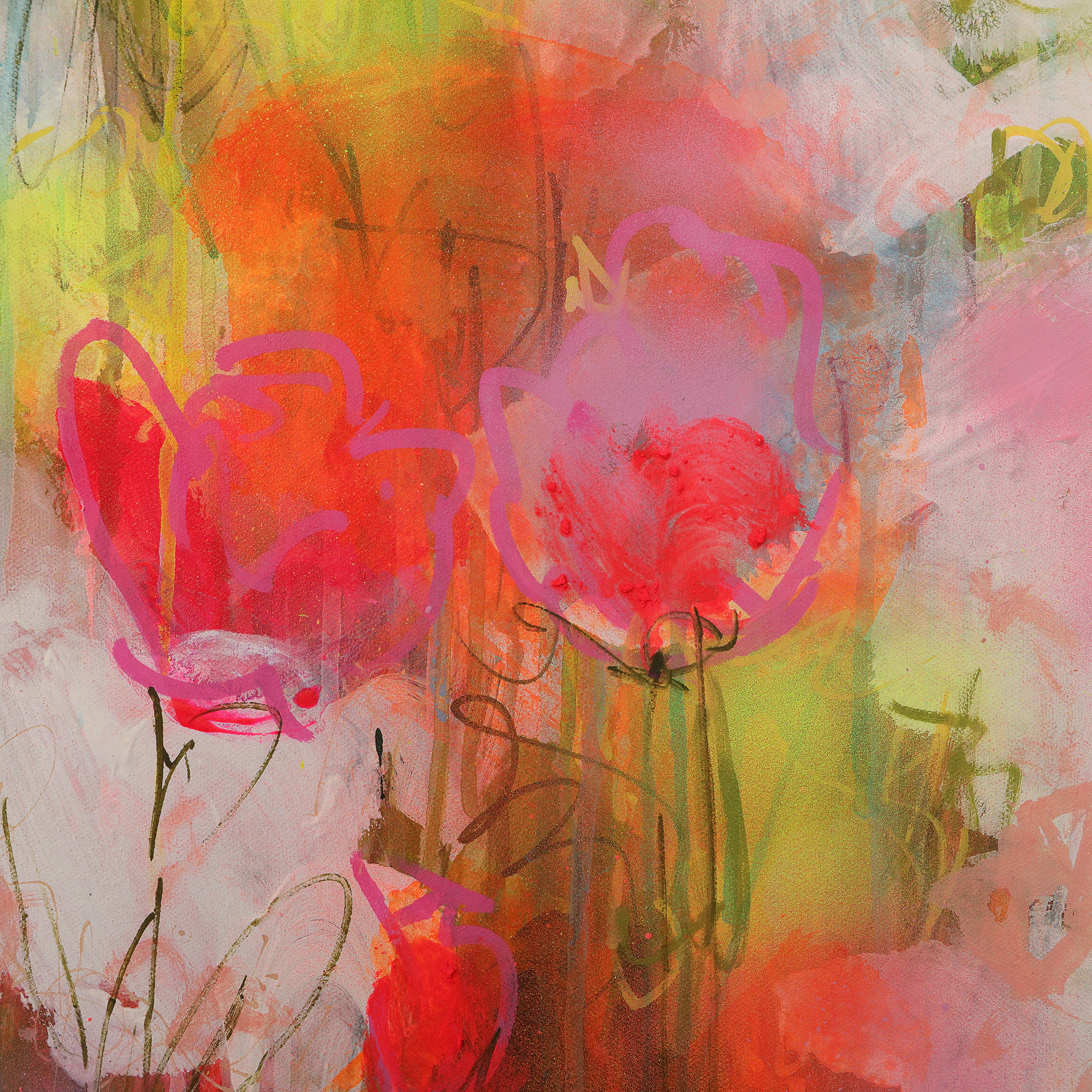 Detail Gemaelde Bild XXL gross neon abstrakt weiss Blumen Wiese Garten Feld Landschaft