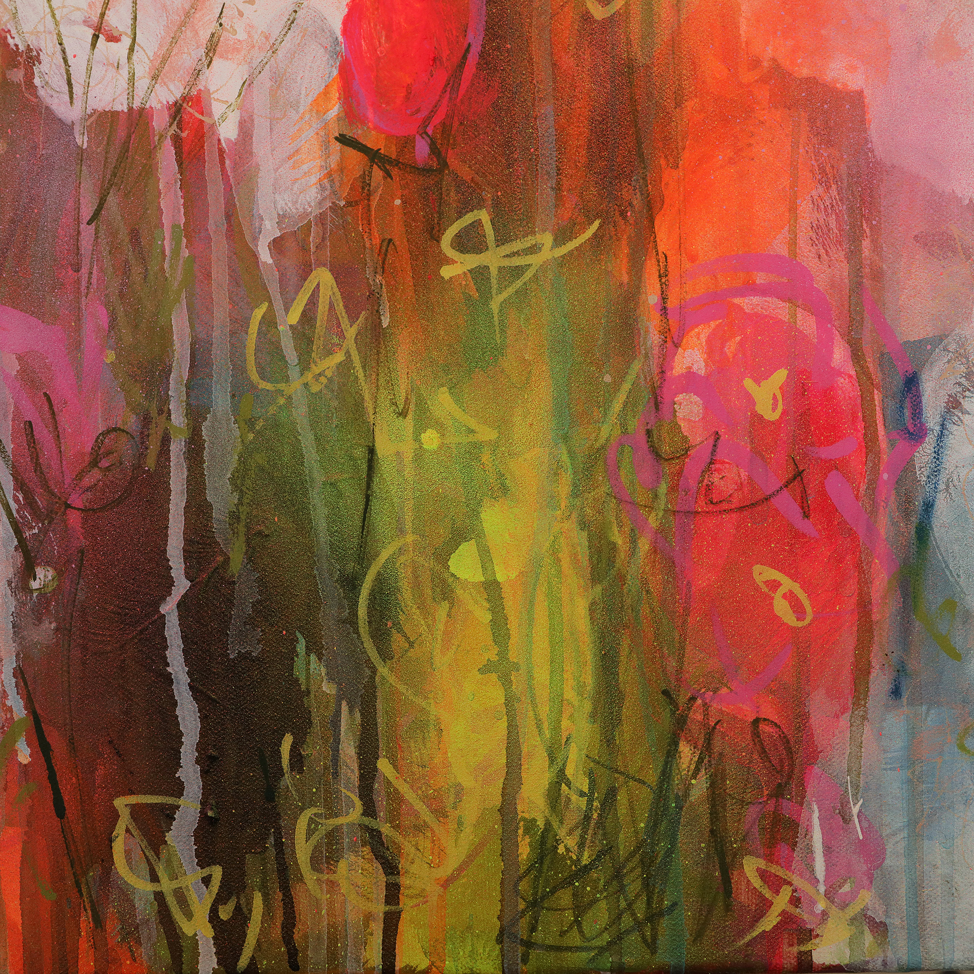 Detail Gemaelde Bild XXL gross neon abstrakt weiss Blumen Wiese Garten Feld Landschaft