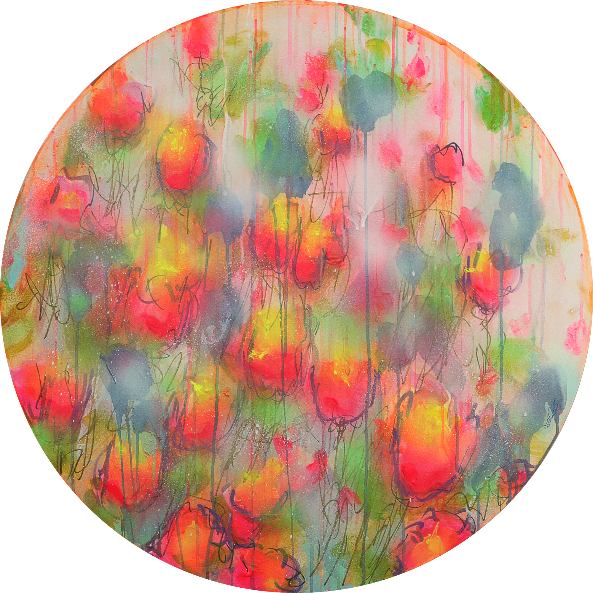 XL Gemaelde Wand Bild Deko gelb neon pink rot blau Art Blumen rund 80 cm Garten