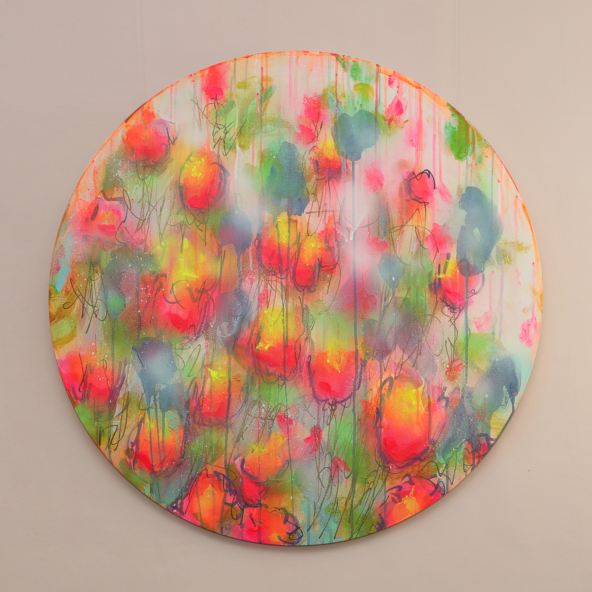 Detail XL Gemaelde Wand Bild Deko gelb neon pink rot blau Art Blumen rund 80 cm Garten