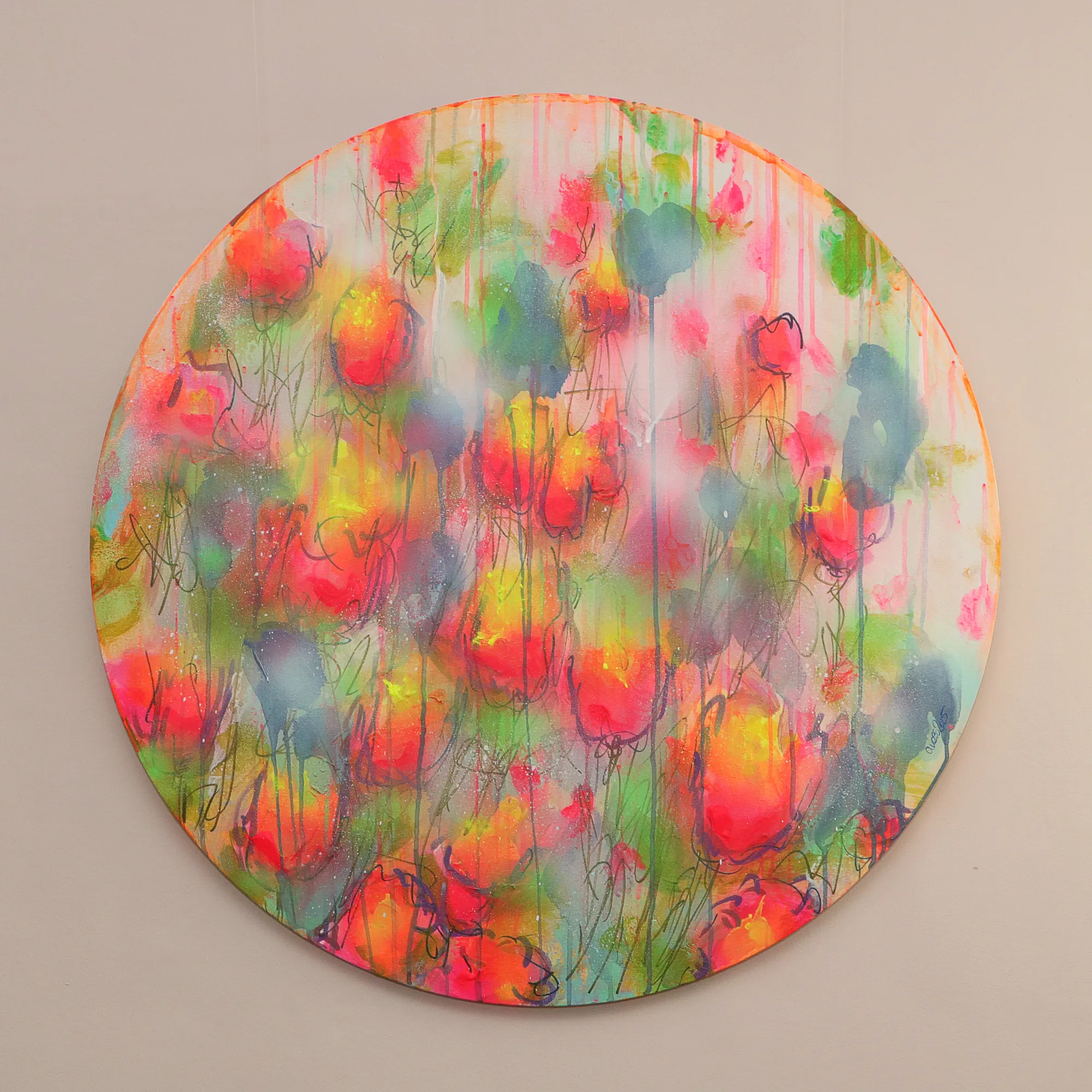 Nahaufnahme XL Gemaelde Wand Bild Deko gelb neon pink rot blau Art Blumen rund 80 cm Garten