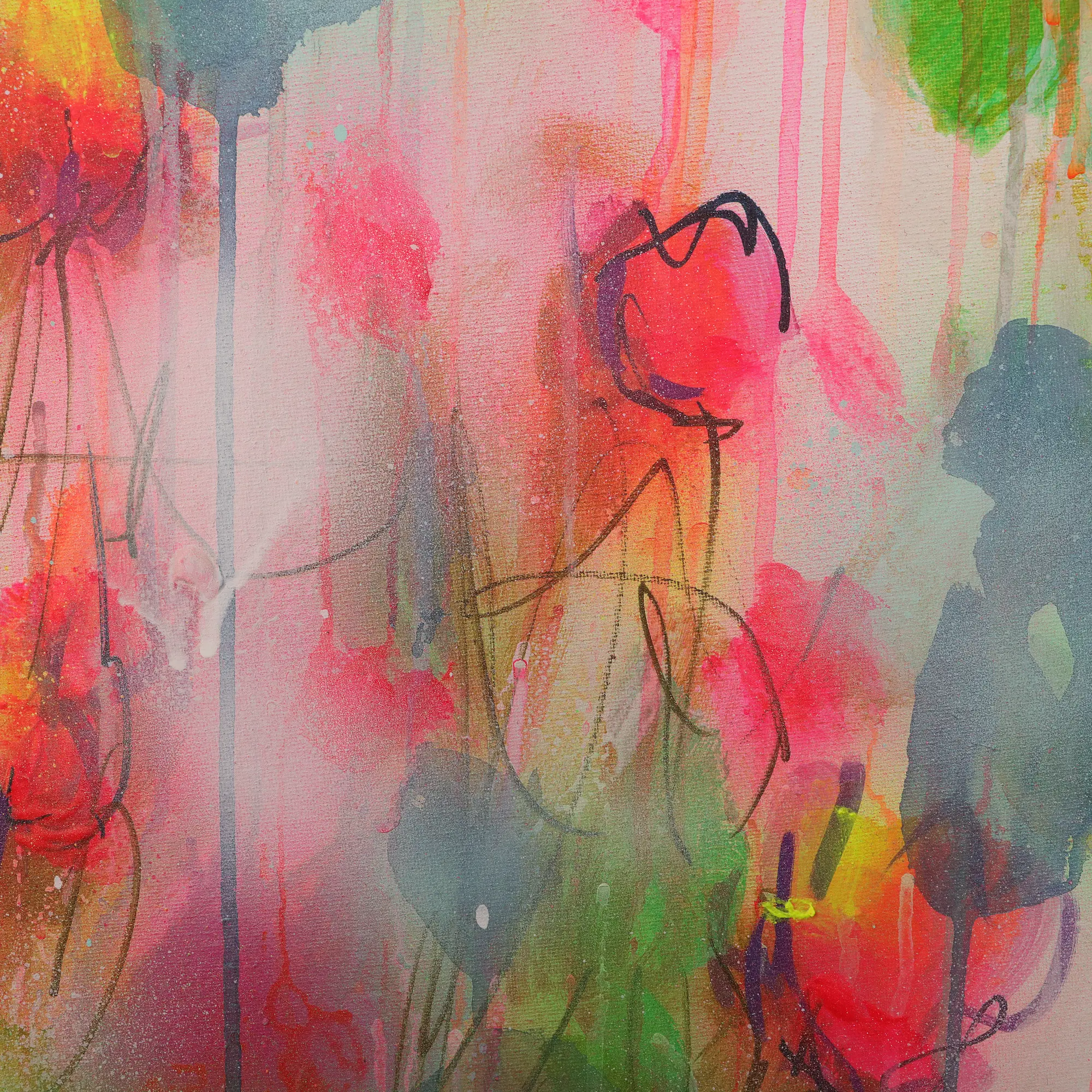 Nahaufnahme XL Gemaelde Wand Bild Deko gelb neon pink rot blau Art Blumen rund 80 cm Garten