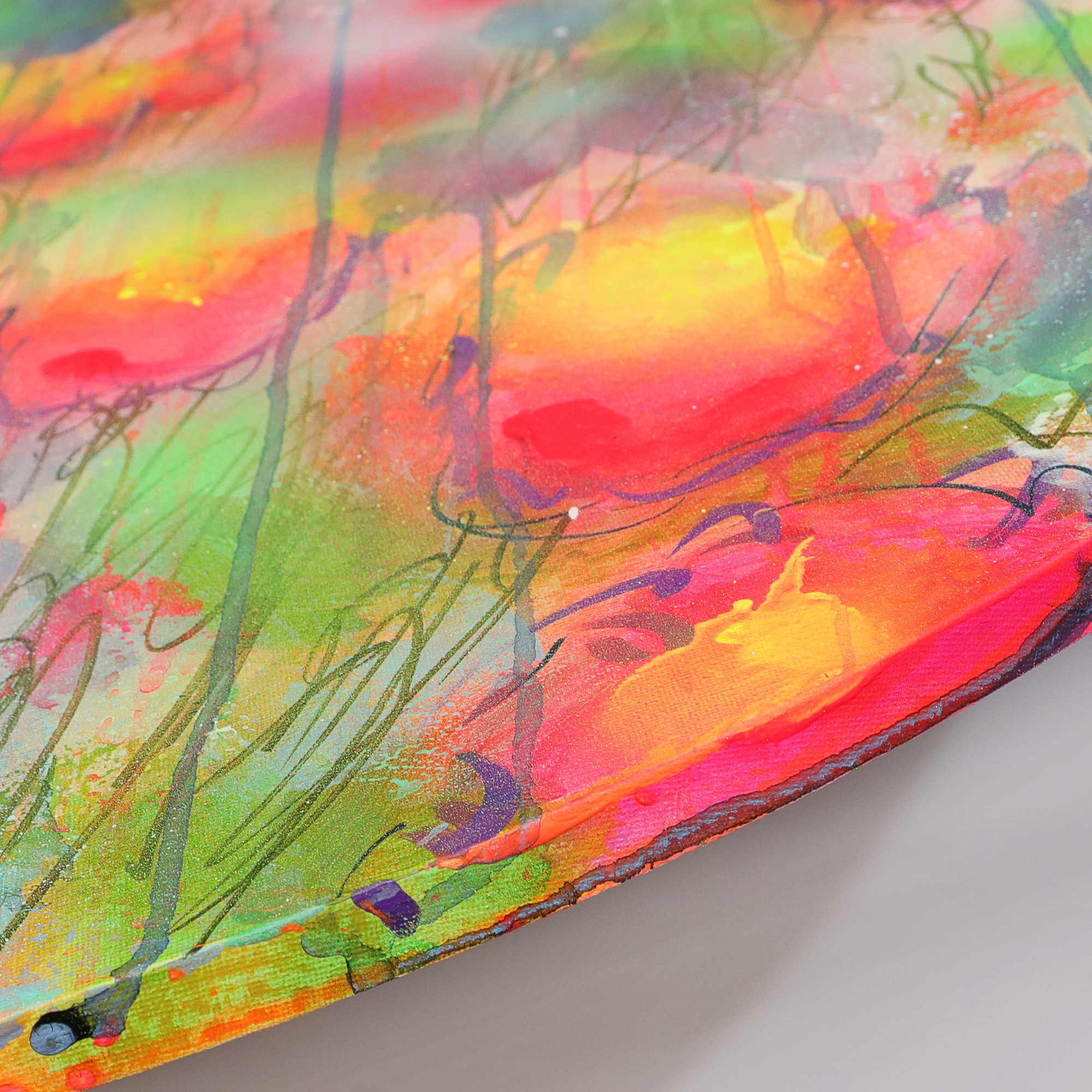 Detail XL Gemaelde Wand Bild Deko gelb neon pink rot blau Art Blumen rund 80 cm Garten