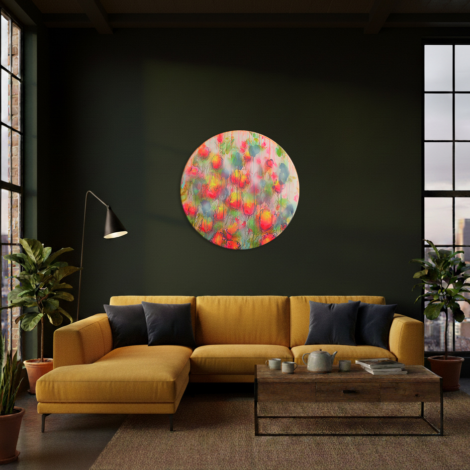 Detail XL Gemaelde Wand Bild Deko gelb neon pink rot blau Art Blumen rund 80 cm Garten