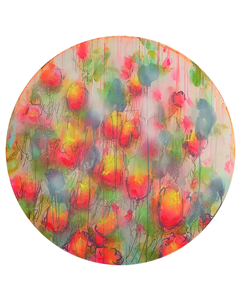 XL Gemaelde Wand Bild Deko gelb neon pink rot blau Art Blumen rund 80 cm Garten