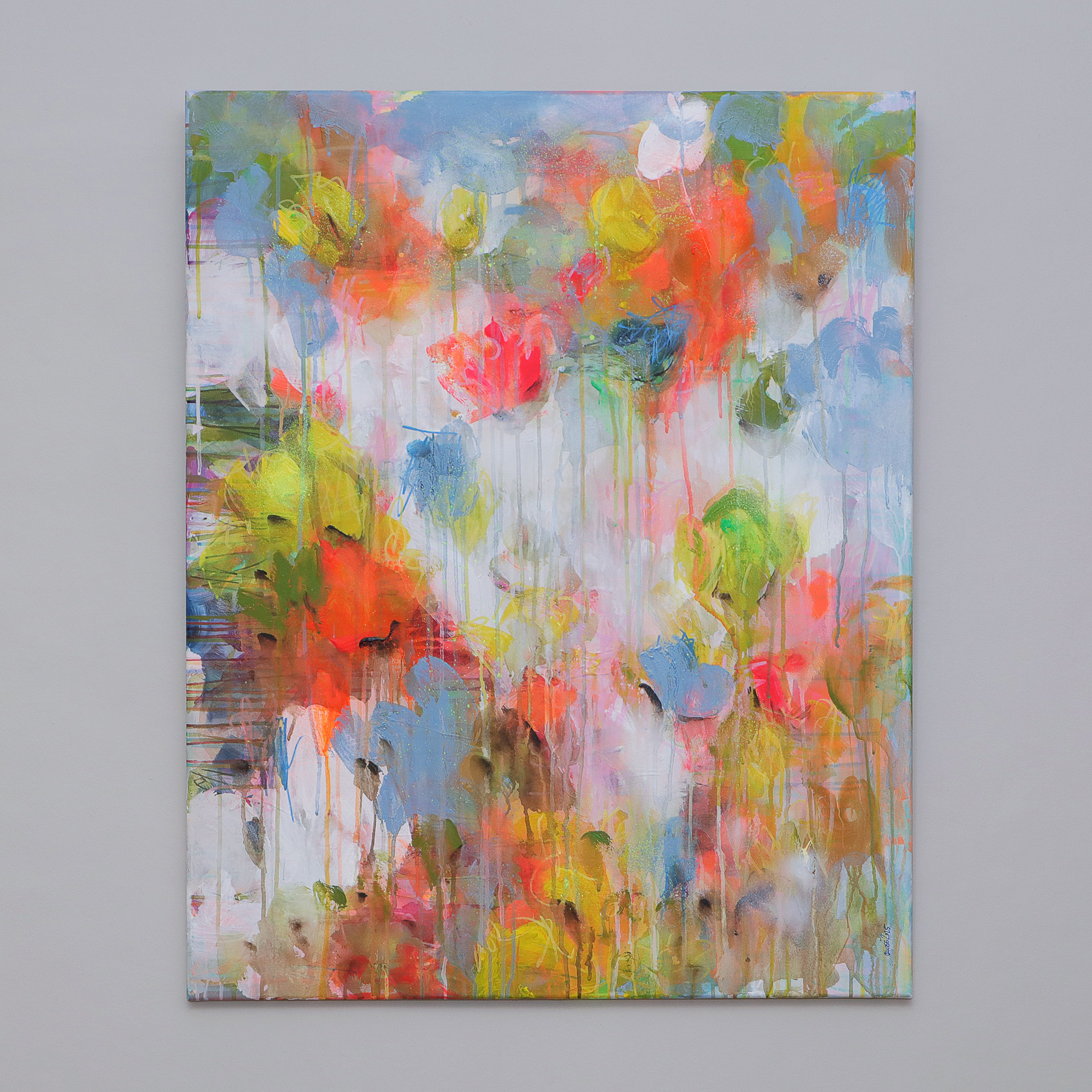 Detail XXL Gemälde Wand Bild Deko abstrakt neon orange weiss Blumen 80x100 cm Garten