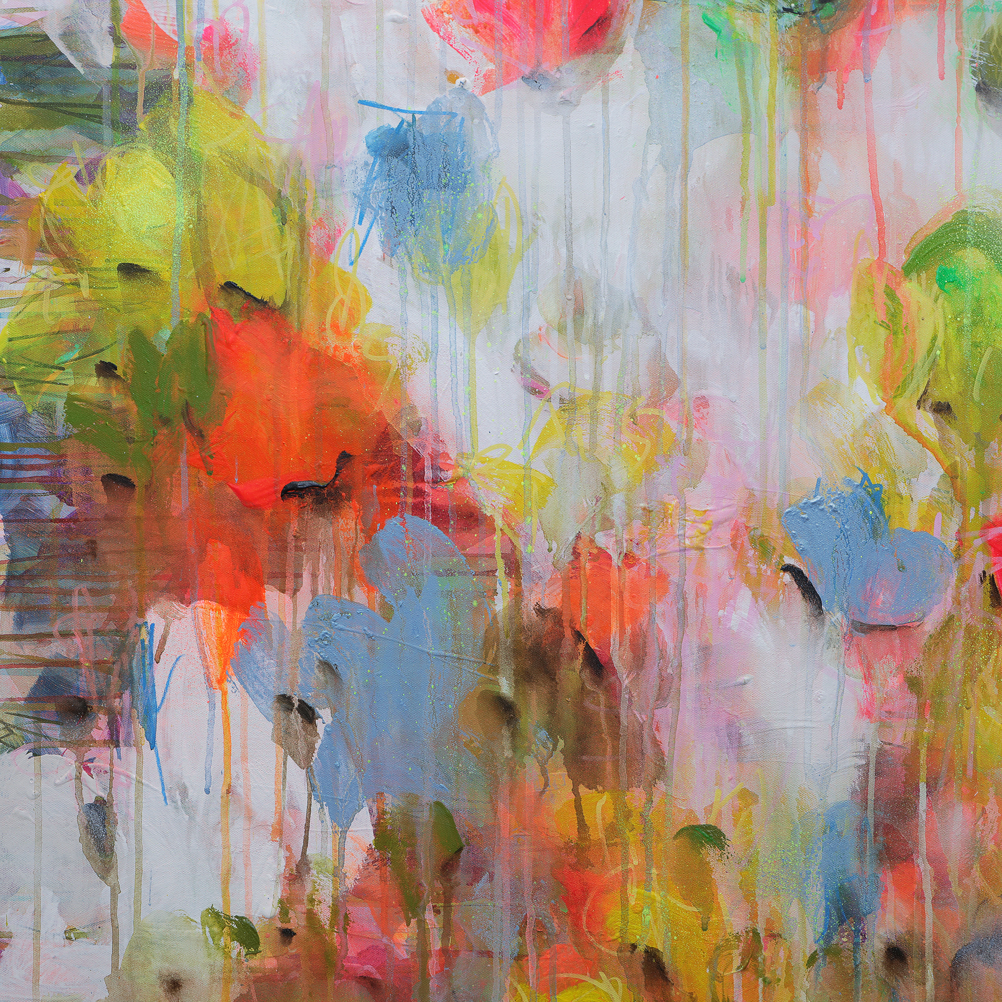 Detail XXL Gemälde Wand Bild Deko abstrakt neon orange weiss Blumen 80x100 cm Garten