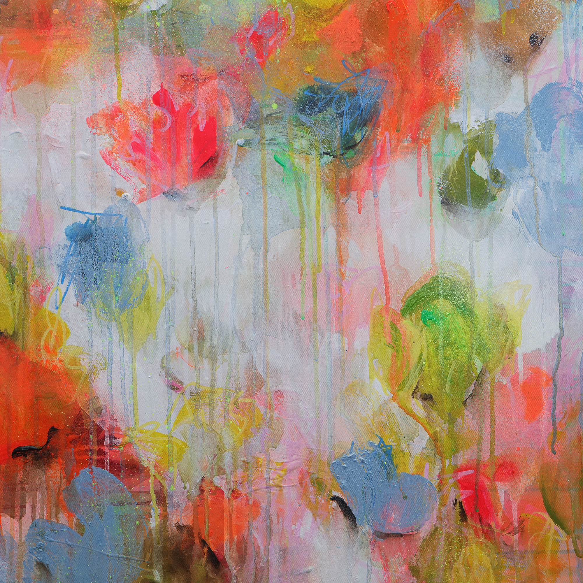 Detail XXL Gemälde Wand Bild Deko abstrakt neon orange weiss Blumen 80x100 cm Garten