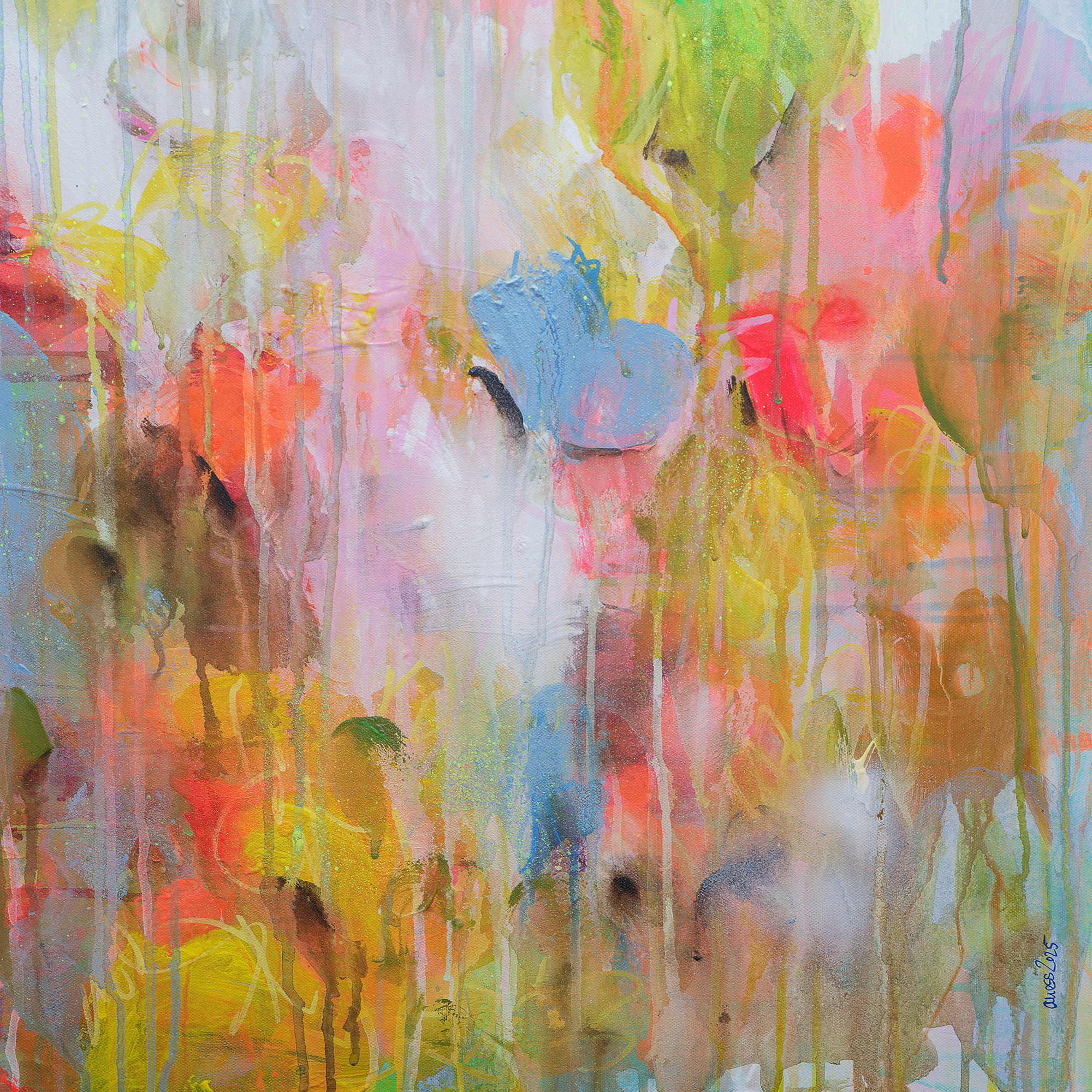 Detail XXL Gemälde Wand Bild Deko abstrakt neon orange weiss Blumen 80x100 cm Garten