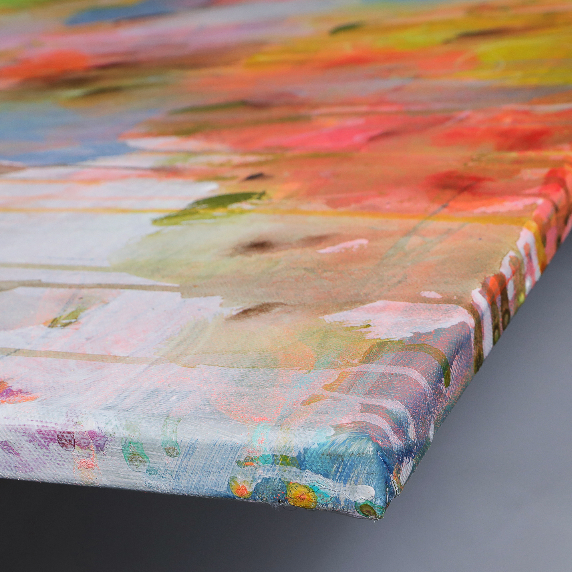 Detail XXL Gemälde Wand Bild Deko abstrakt neon orange weiss Blumen 80x100 cm Garten