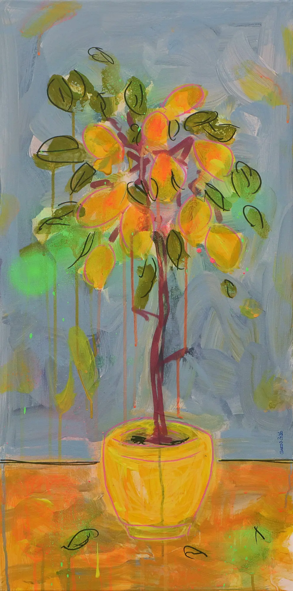 Künstler Gemälde preiswert Obst Baum Stamm hellblau gelb neon Hochformat