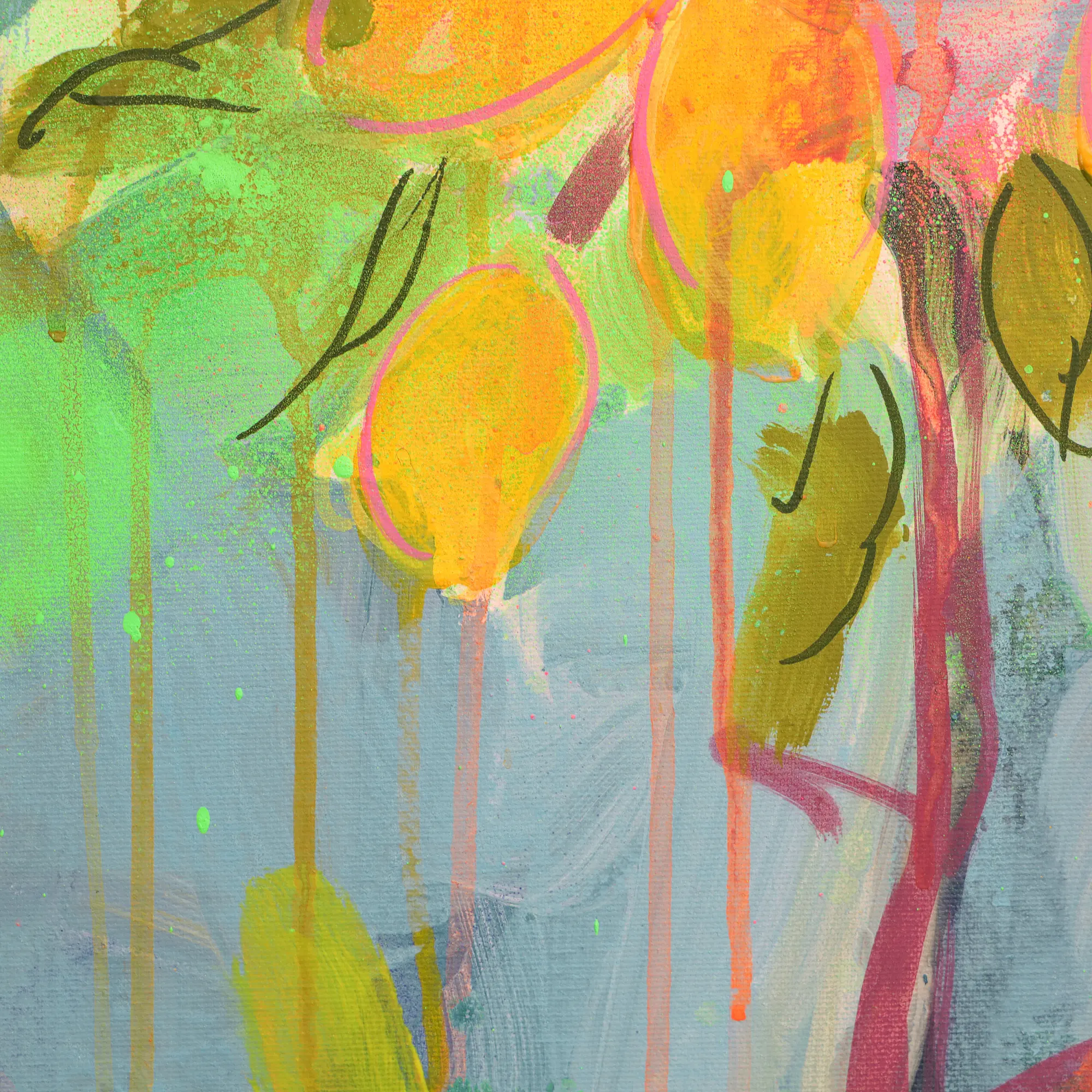 Nahaufnahme Künstler Gemälde preiswert Obst Baum Stamm hellblau gelb neon Hochformat