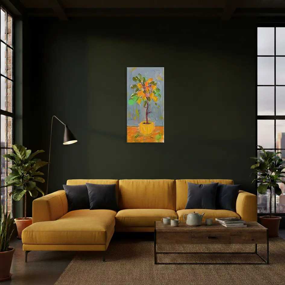 Wandbild für modernes Wohndesign Künstler Gemälde preiswert Obst Baum Stamm hellblau gelb neon Hochformat