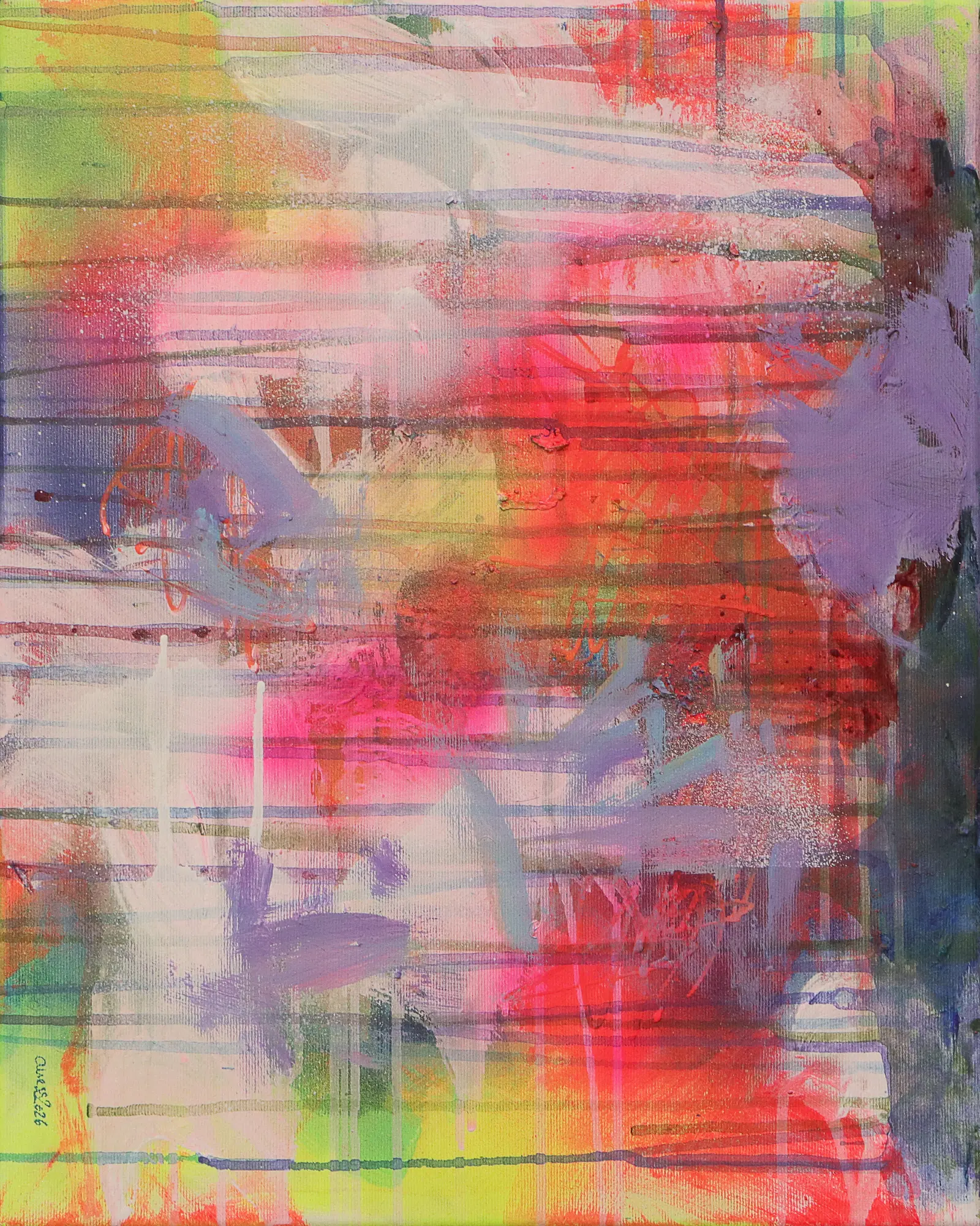 Mini XS klein Gemälde Bild abstrakt neon gelb pink lila weiß Linien Streifen