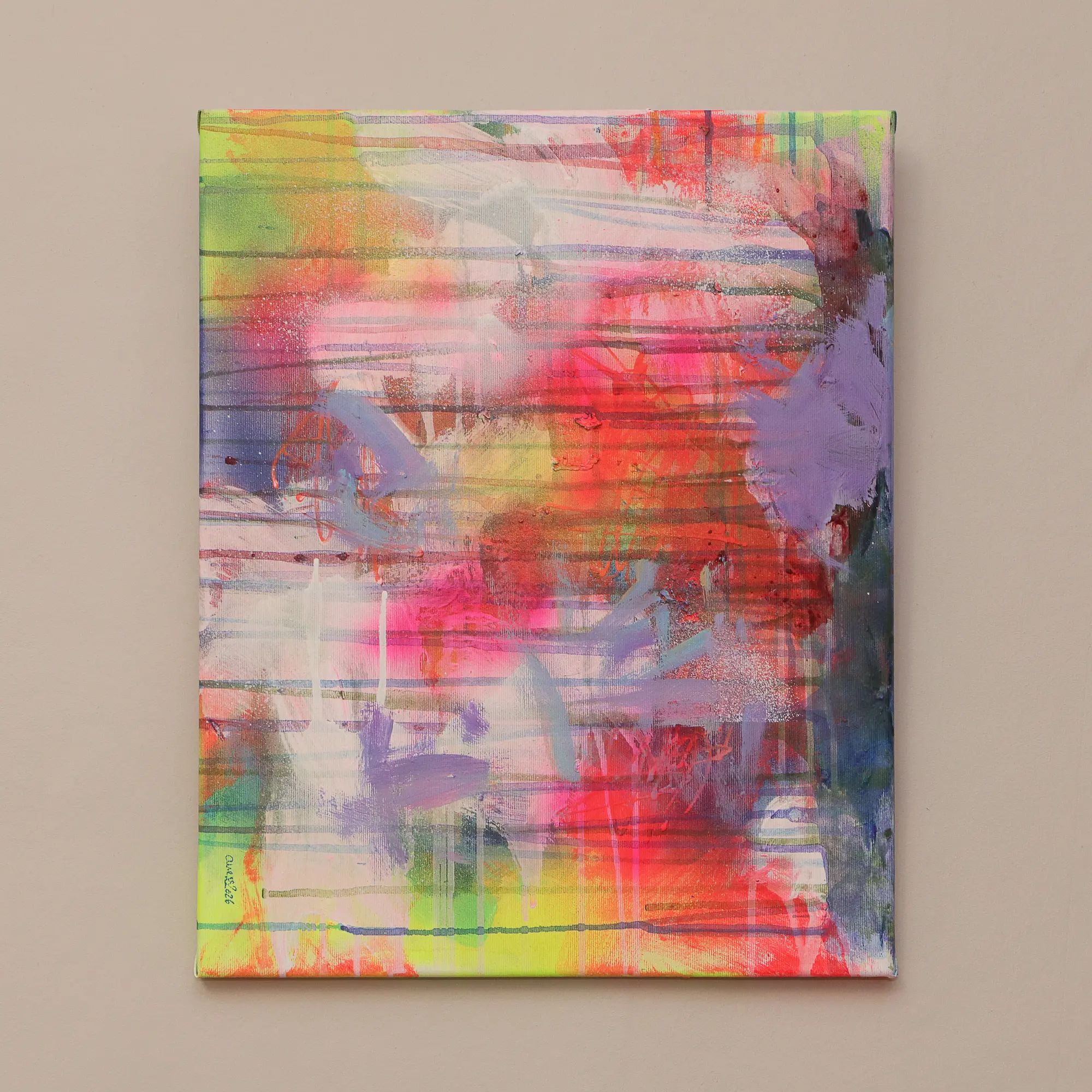 Nahaufnahme Mini XS klein Gemälde Bild abstrakt neon gelb pink lila weiß Linien Streifen